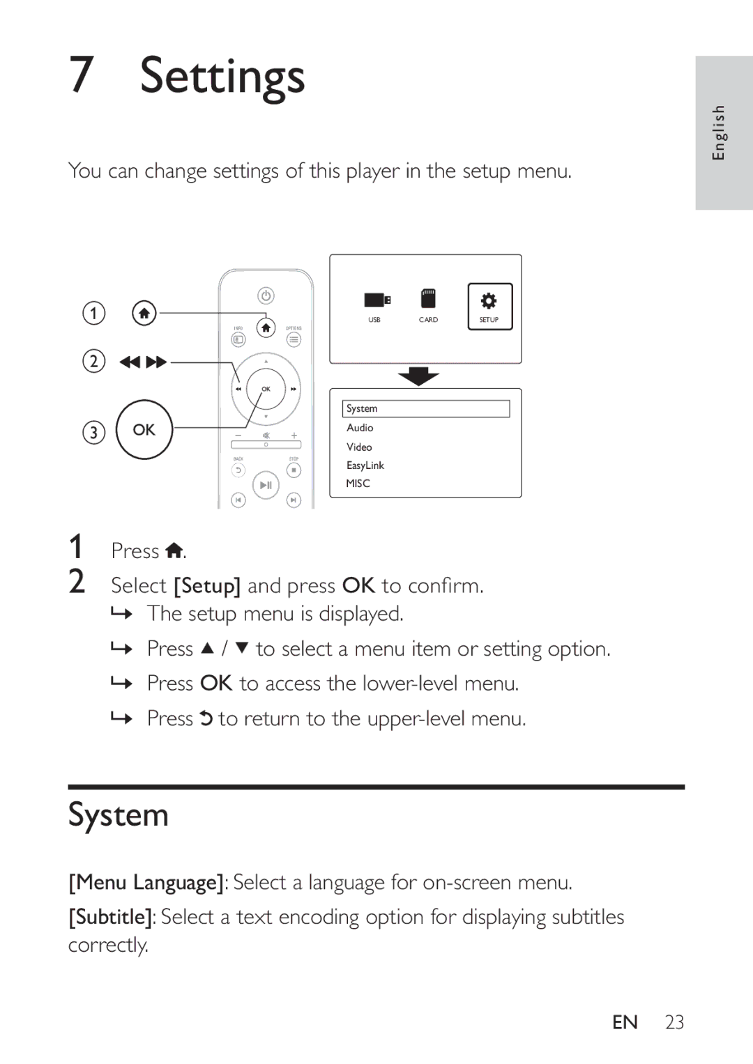 Philips HMP3000 user manual Settings, System 