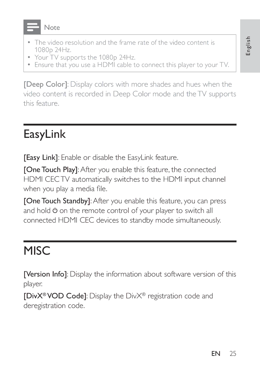 Philips HMP3000 user manual EasyLink, Misc 