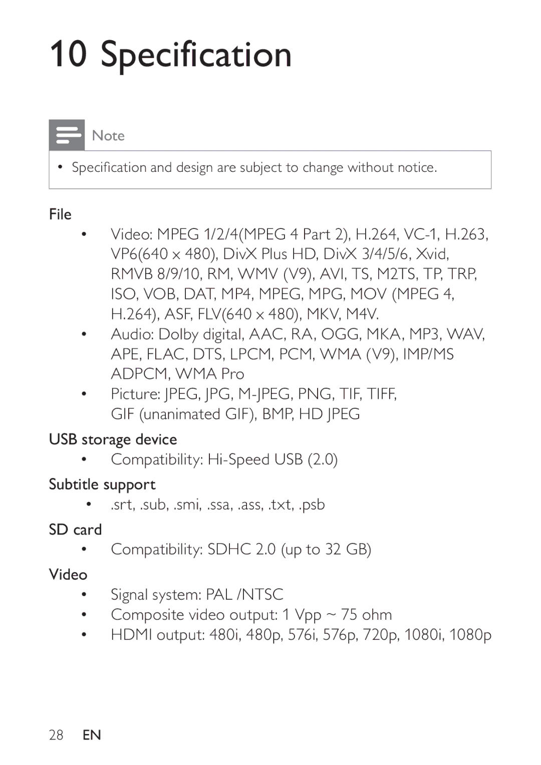 Philips HMP3000 user manual Specification 