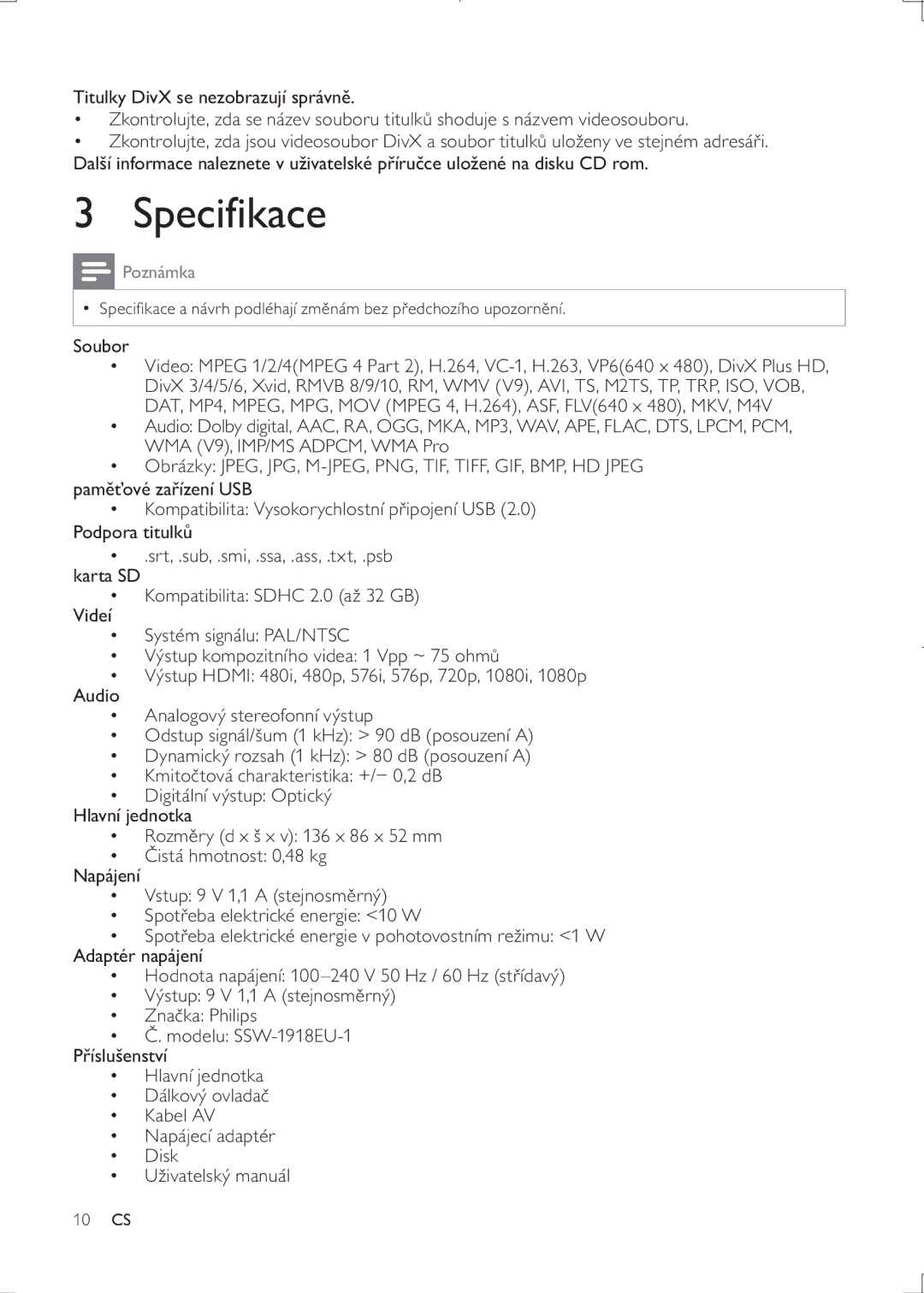 Philips HMP3000 user manual Specifikace, Poznámka, Soubor 