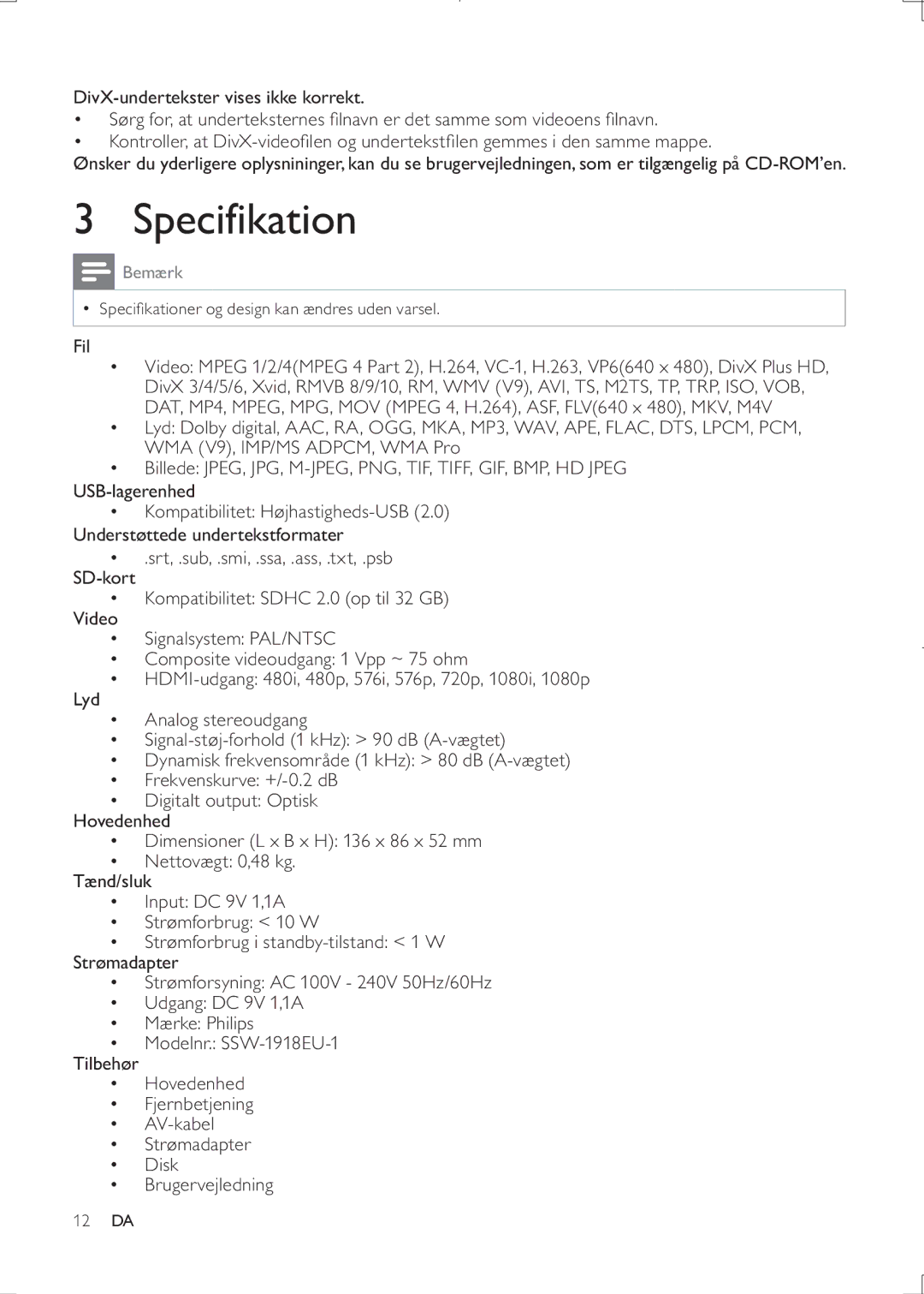 Philips HMP3000 user manual Specifikation, Bemærk, Fil 