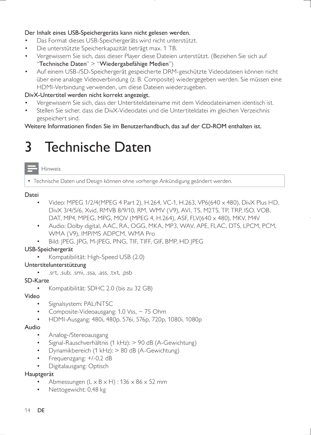 Philips HMP3000 user manual Technische Daten, Hinweis 