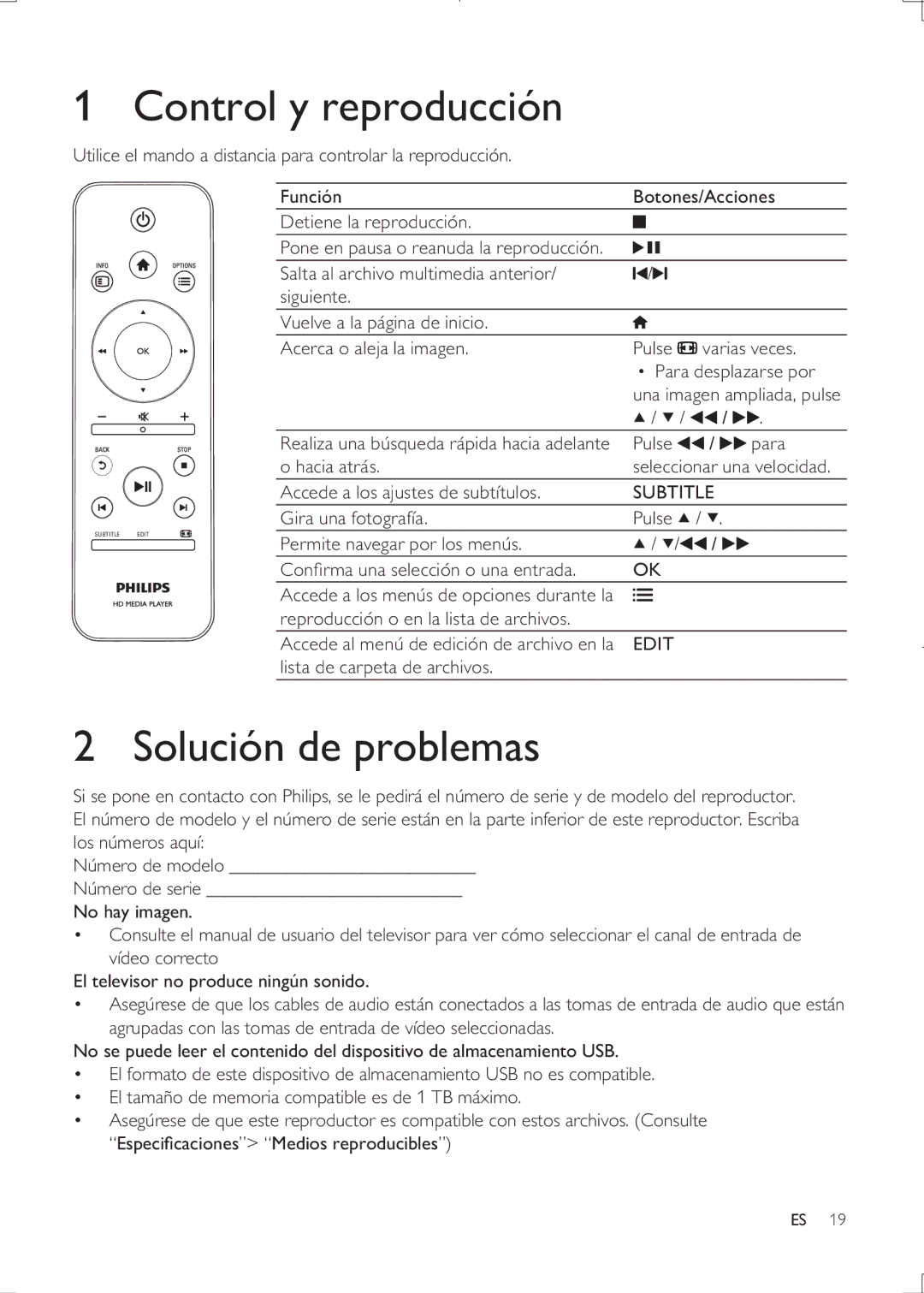 Philips HMP3000 user manual Control y reproducción, Solución de problemas 