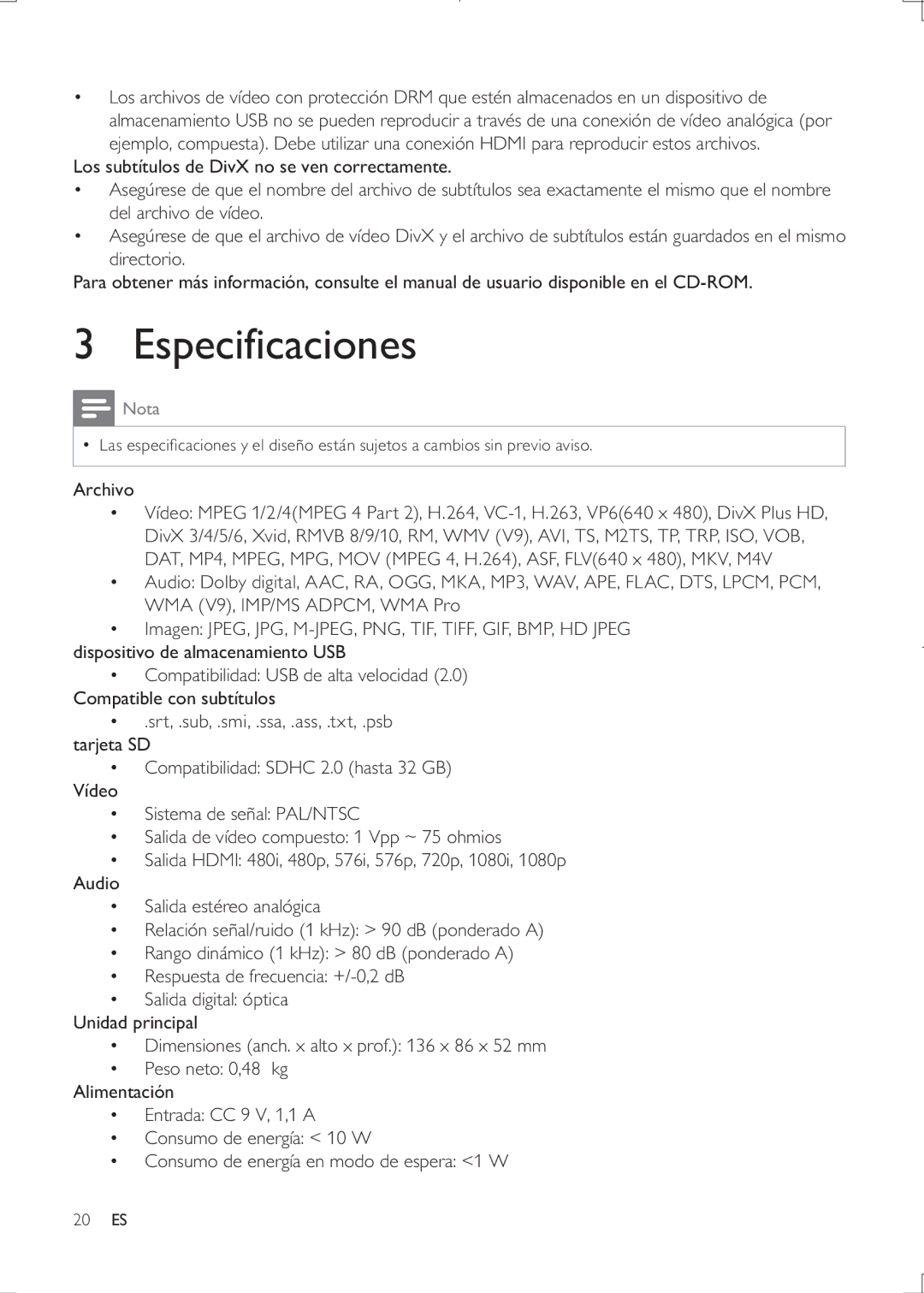 Philips HMP3000 user manual Especificaciones, Nota 