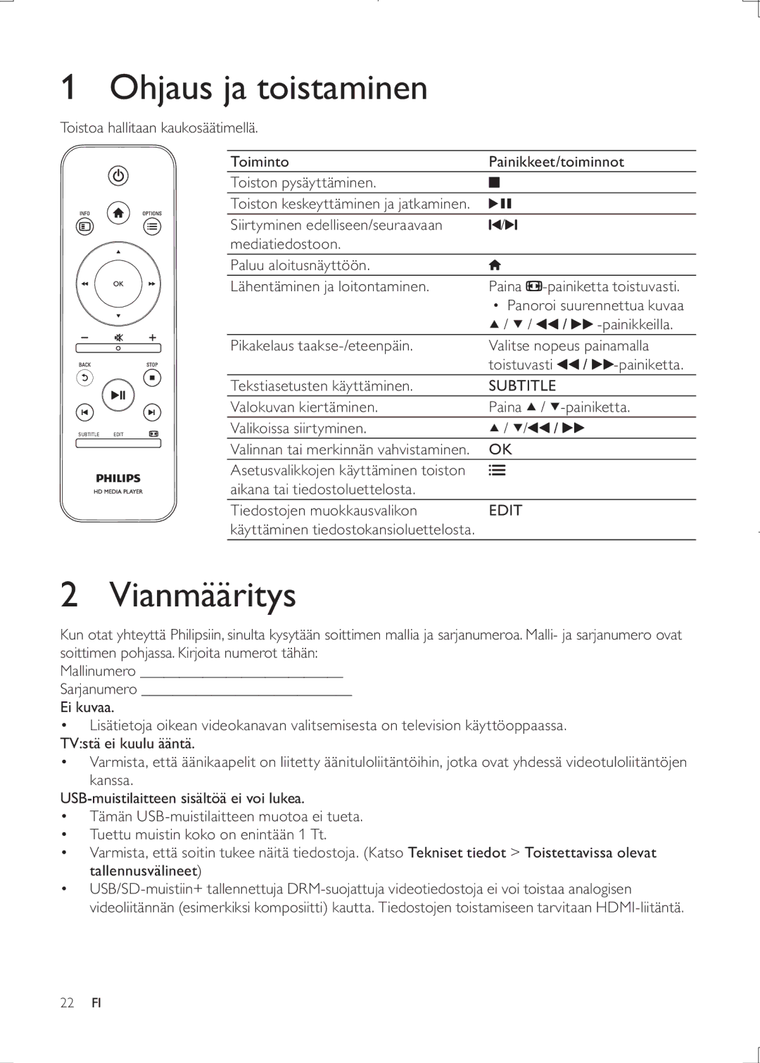 Philips HMP3000 user manual Ohjaus ja toistaminen, Vianmääritys 