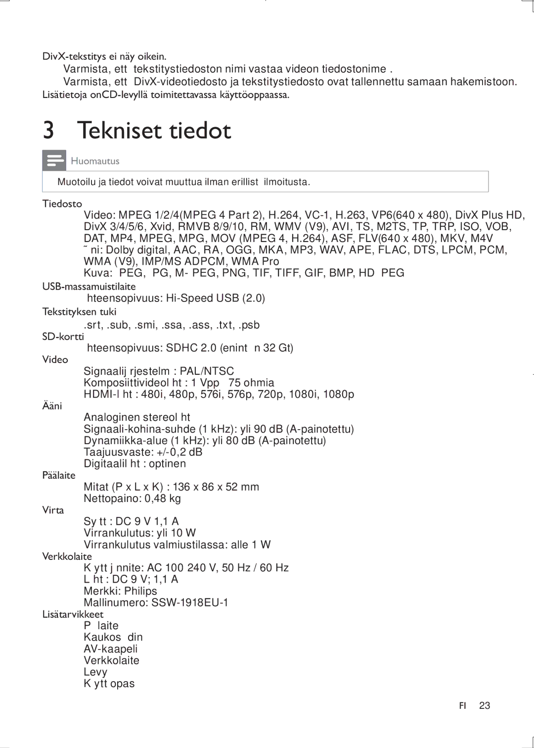 Philips HMP3000 user manual Tekniset tiedot, Huomautus, Tiedosto 