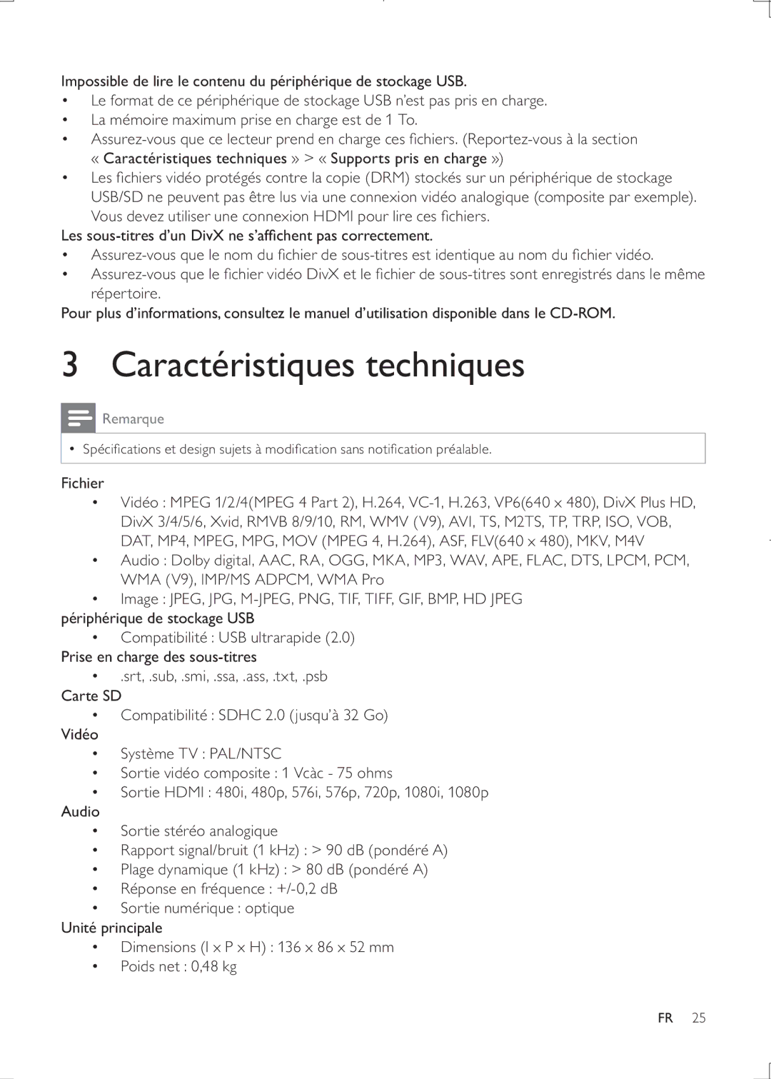 Philips HMP3000 user manual Caractéristiques techniques, Remarque, Fichier 