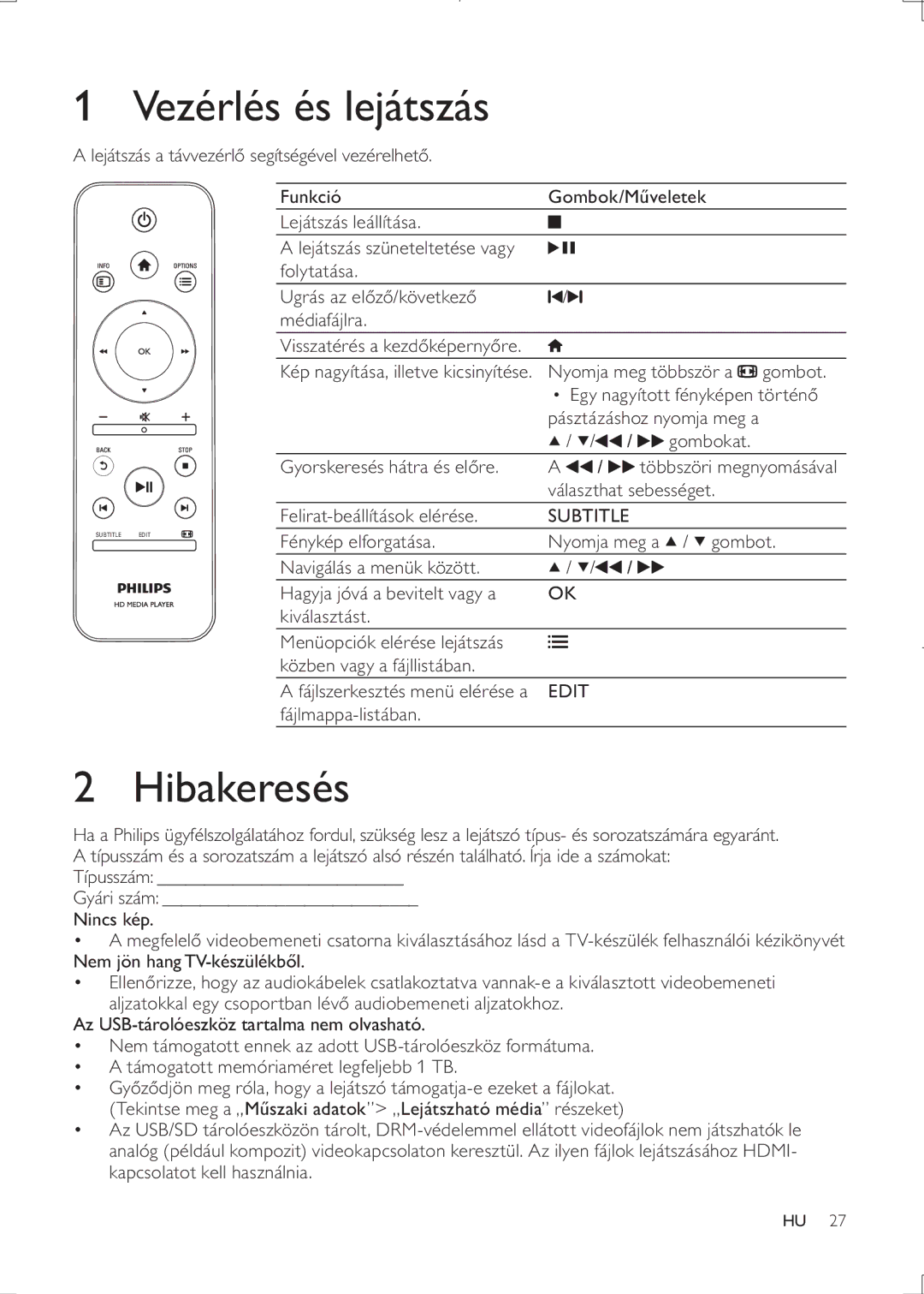 Philips HMP3000 user manual Vezérlés és lejátszás, Hibakeresés 