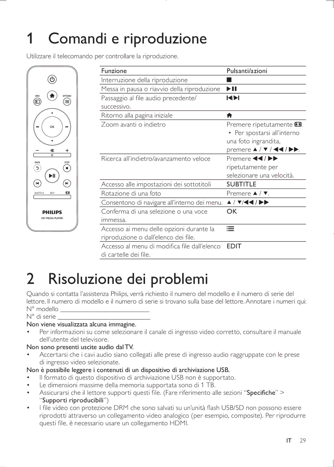 Philips HMP3000 user manual Comandi e riproduzione, Risoluzione dei problemi 