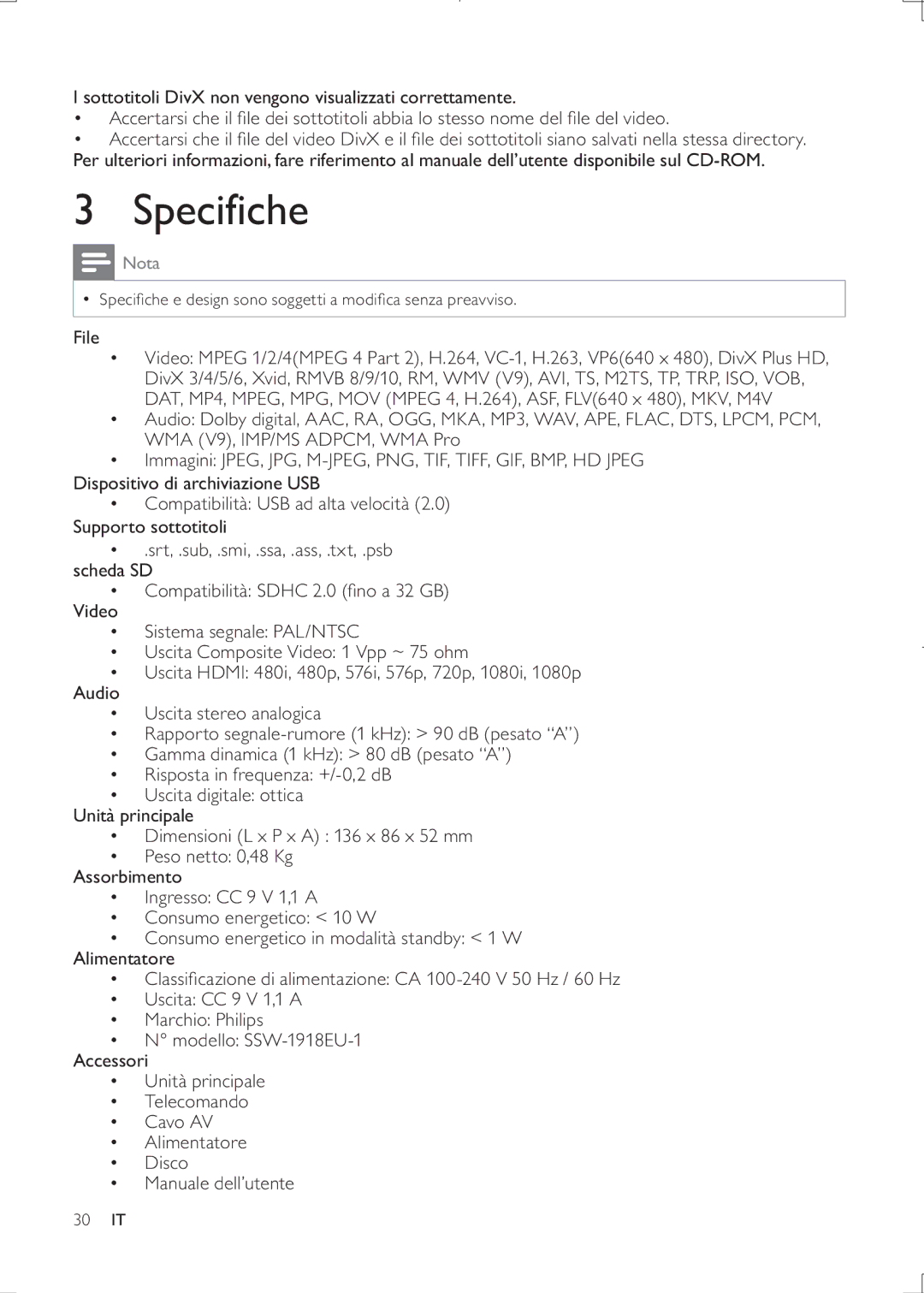 Philips HMP3000 user manual Specifiche, Nota 