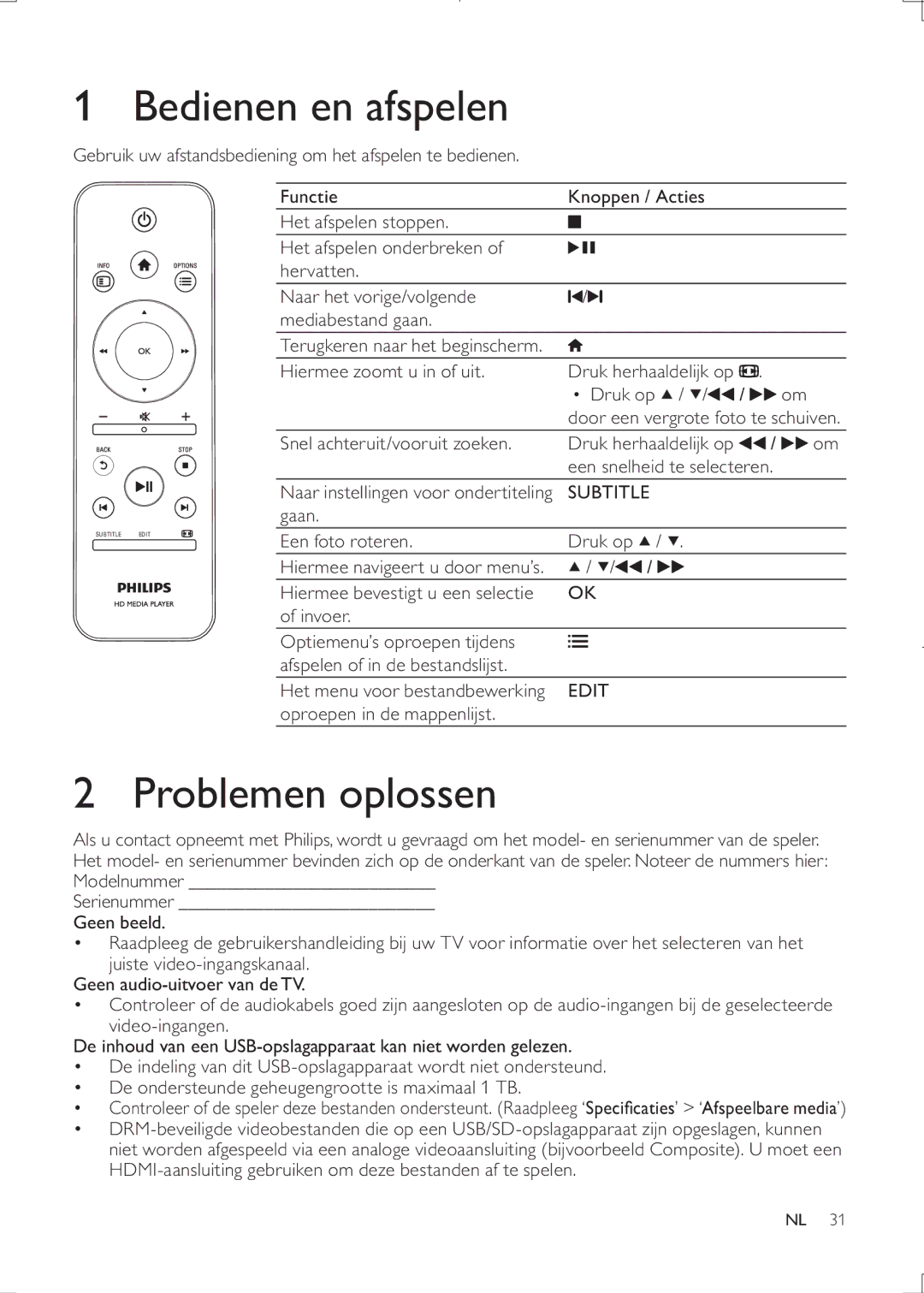 Philips HMP3000 user manual Bedienen en afspelen, Problemen oplossen 