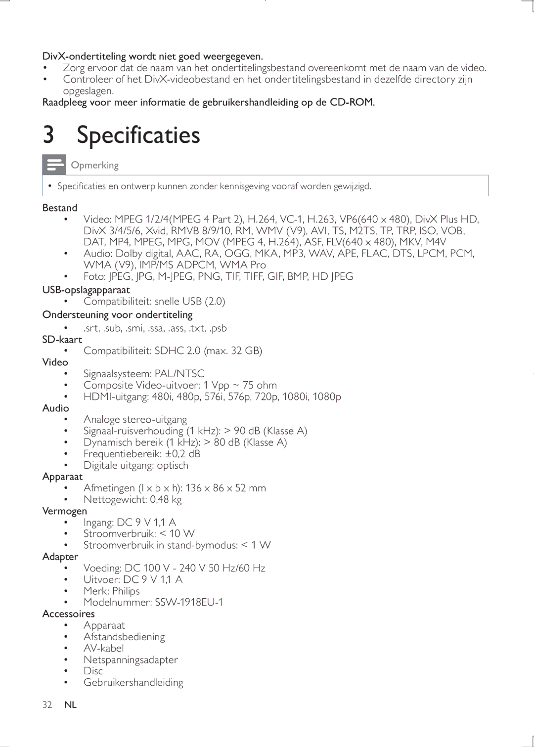 Philips HMP3000 user manual Specificaties, Opmerking, Bestand 