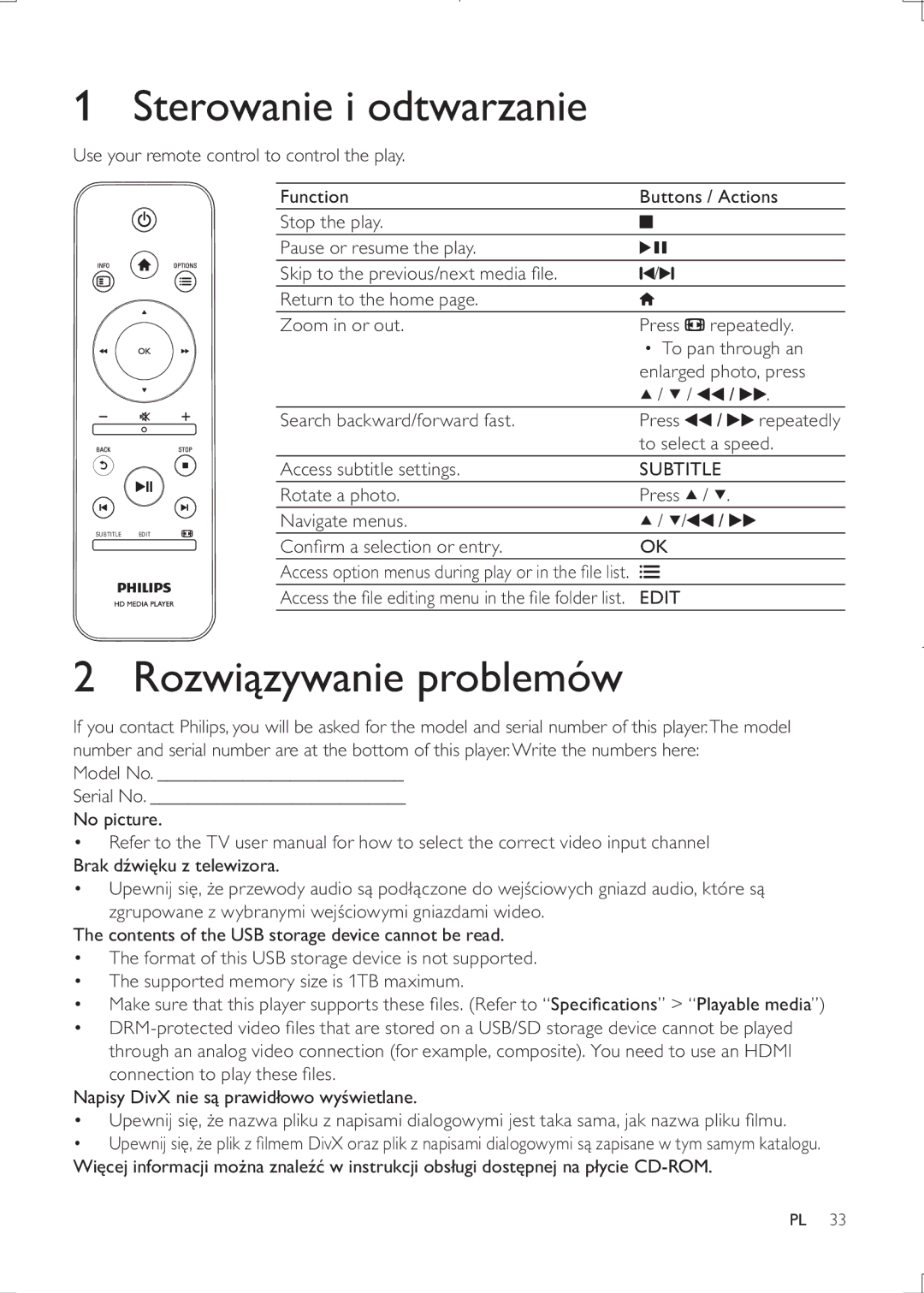 Philips HMP3000 user manual Sterowanie i odtwarzanie, Rozwiproblemów 