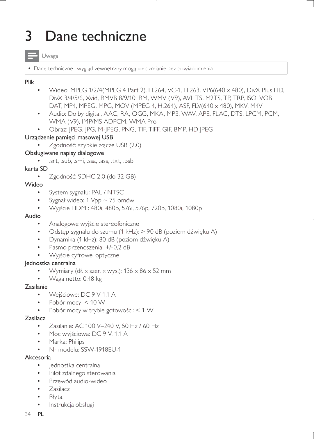 Philips HMP3000 user manual Dane techniczne, Uwaga 