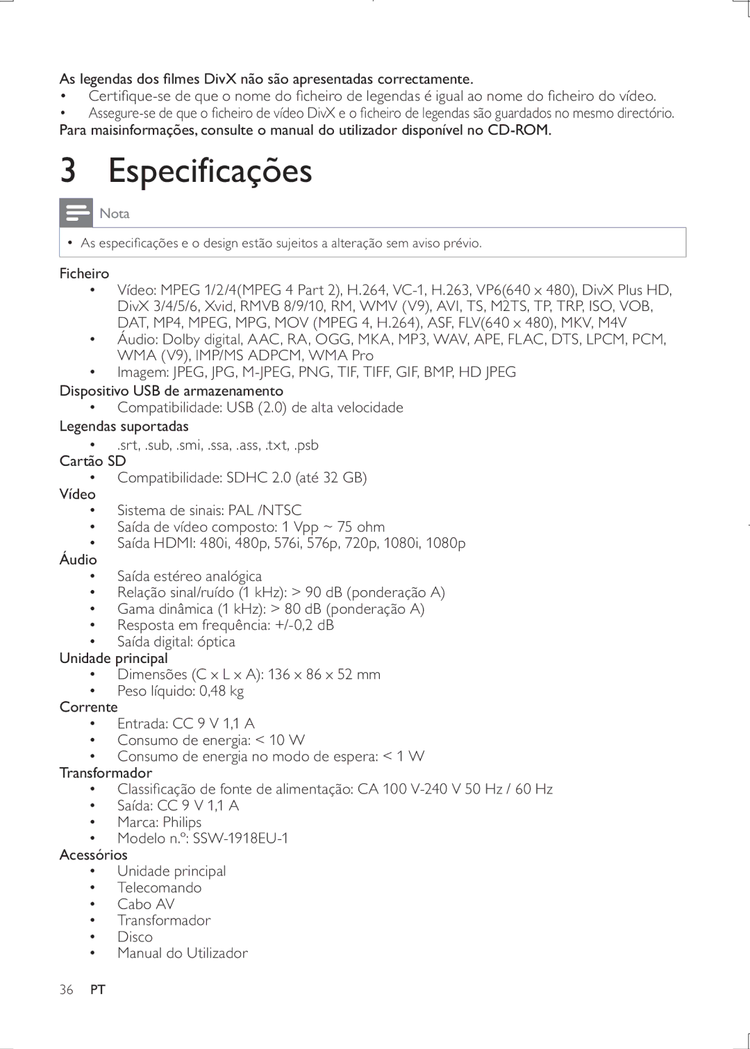 Philips HMP3000 user manual Especificações, Ficheiro 