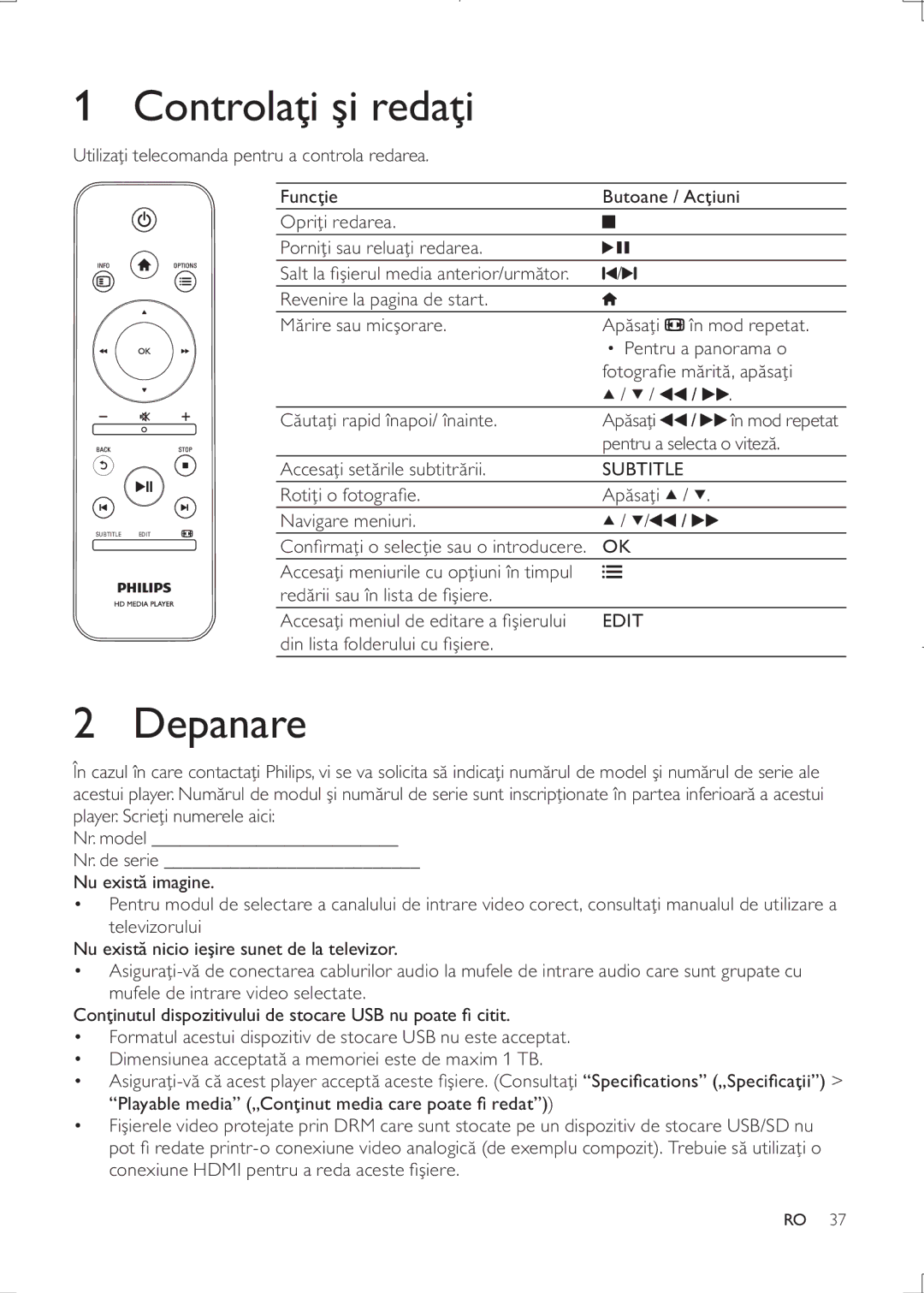 Philips HMP3000 user manual Controlareda, Depanare 