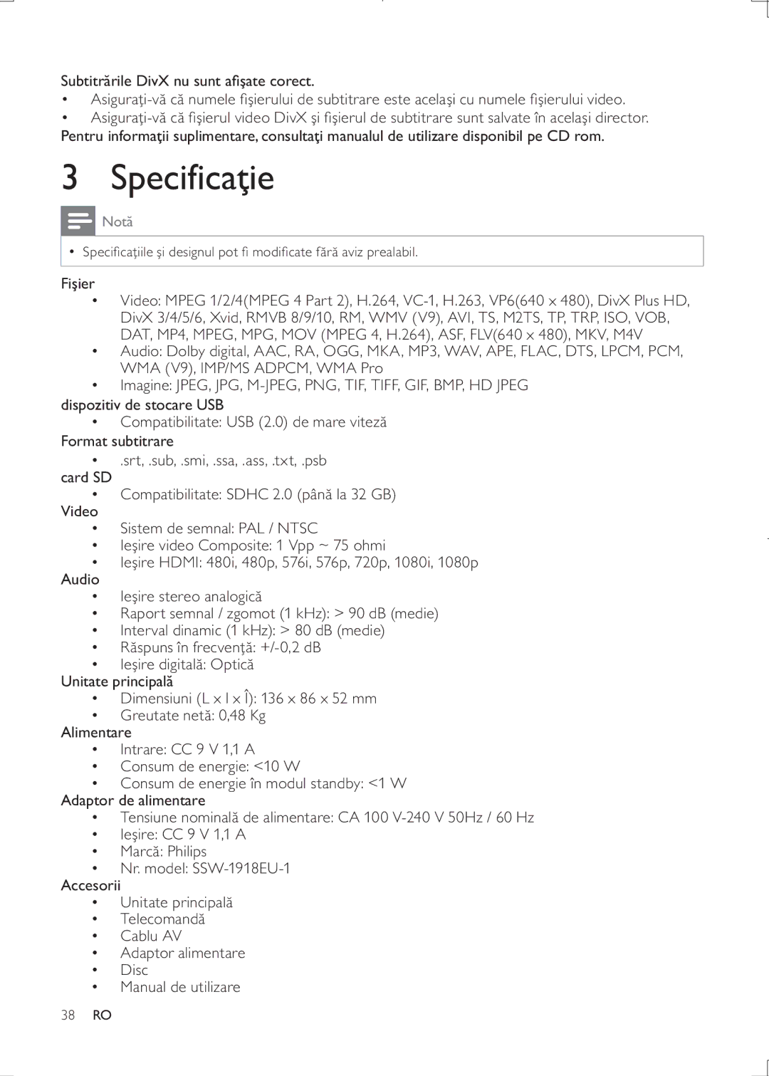 Philips HMP3000 user manual Specifica, Not 