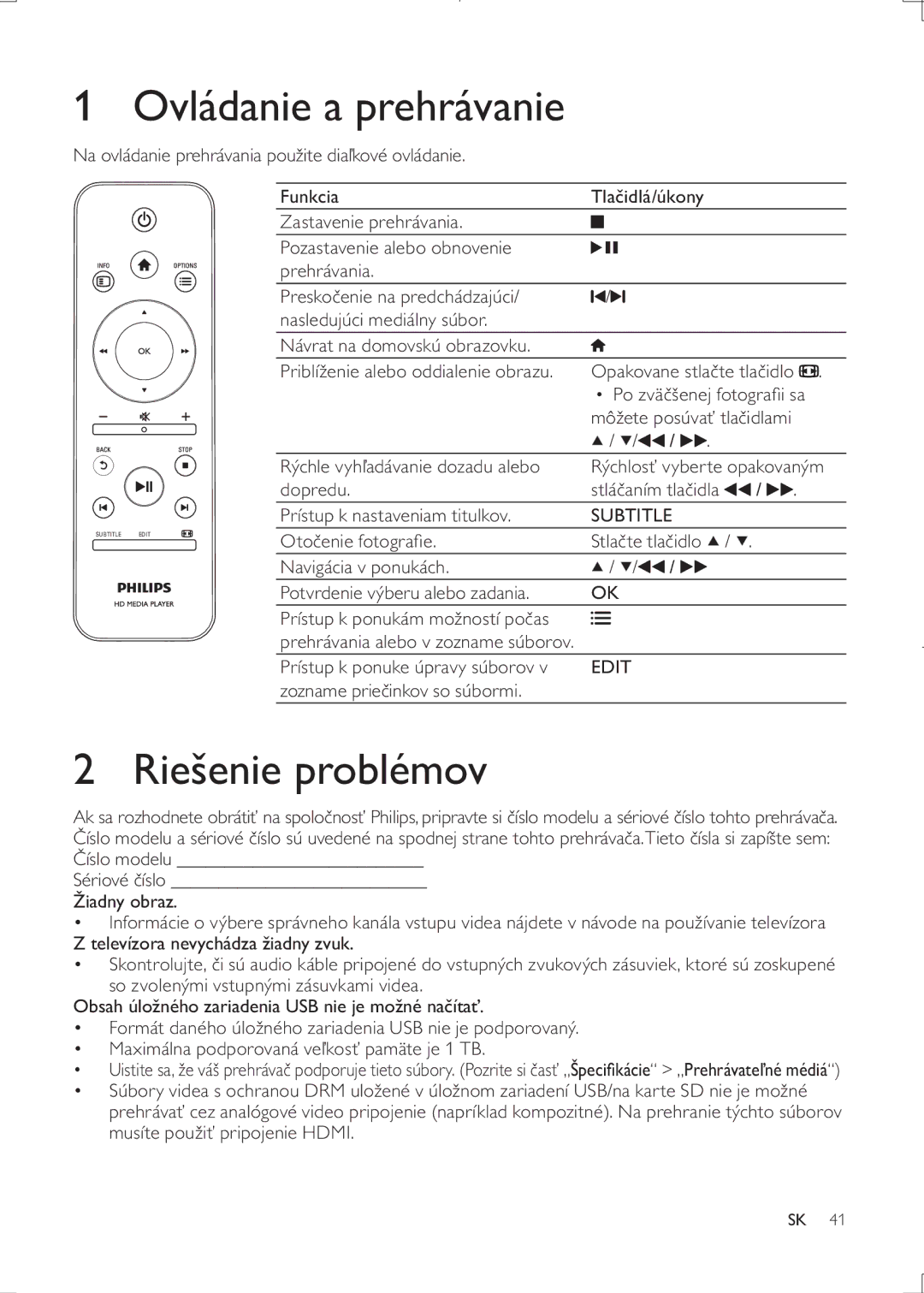 Philips HMP3000 Ovládanie a prehrávanie, Riešenie problémov, Priblíženie alebo oddialenie obrazu Opakovane stlate tla 