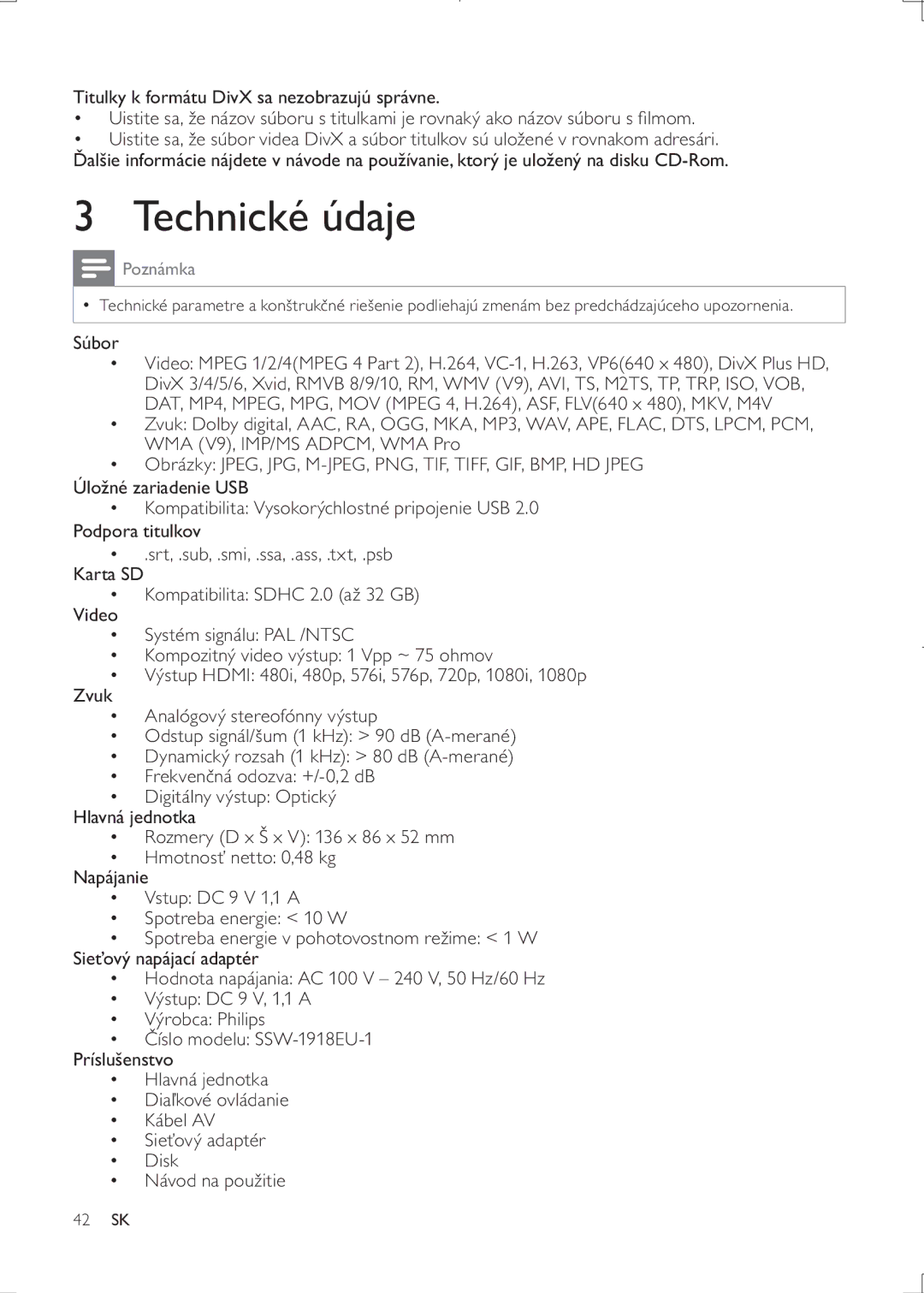 Philips HMP3000 user manual Technické údaje, Súbor 