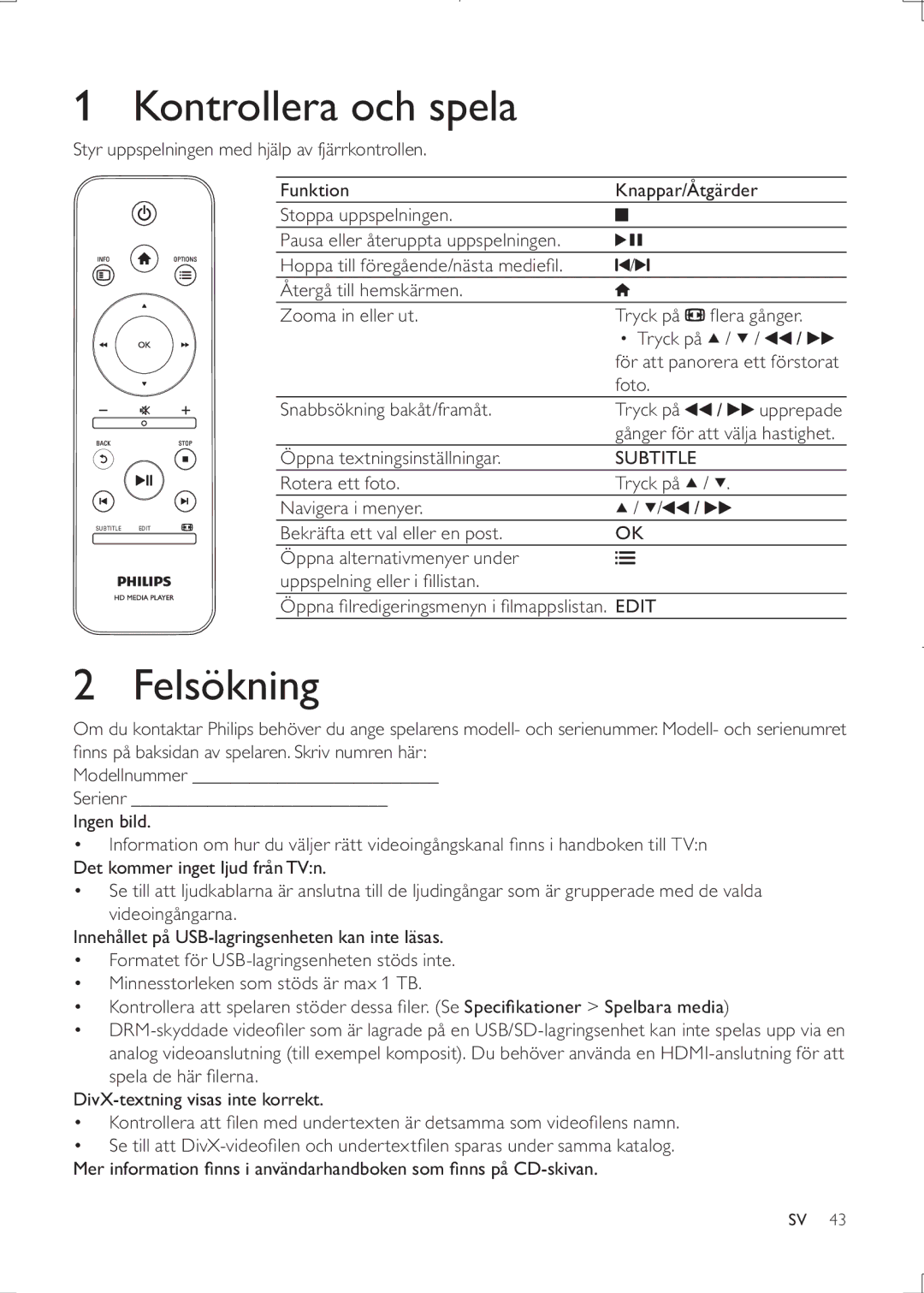 Philips HMP3000 user manual Kontrollera och spela, Felsökning 