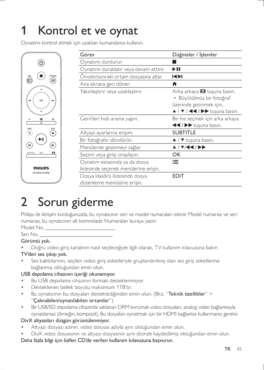 Philips HMP3000 user manual Kontrol et ve oynat, Sorun giderme, Altyaz ayarlarna erim, Düzenleme menüsüne eriin 