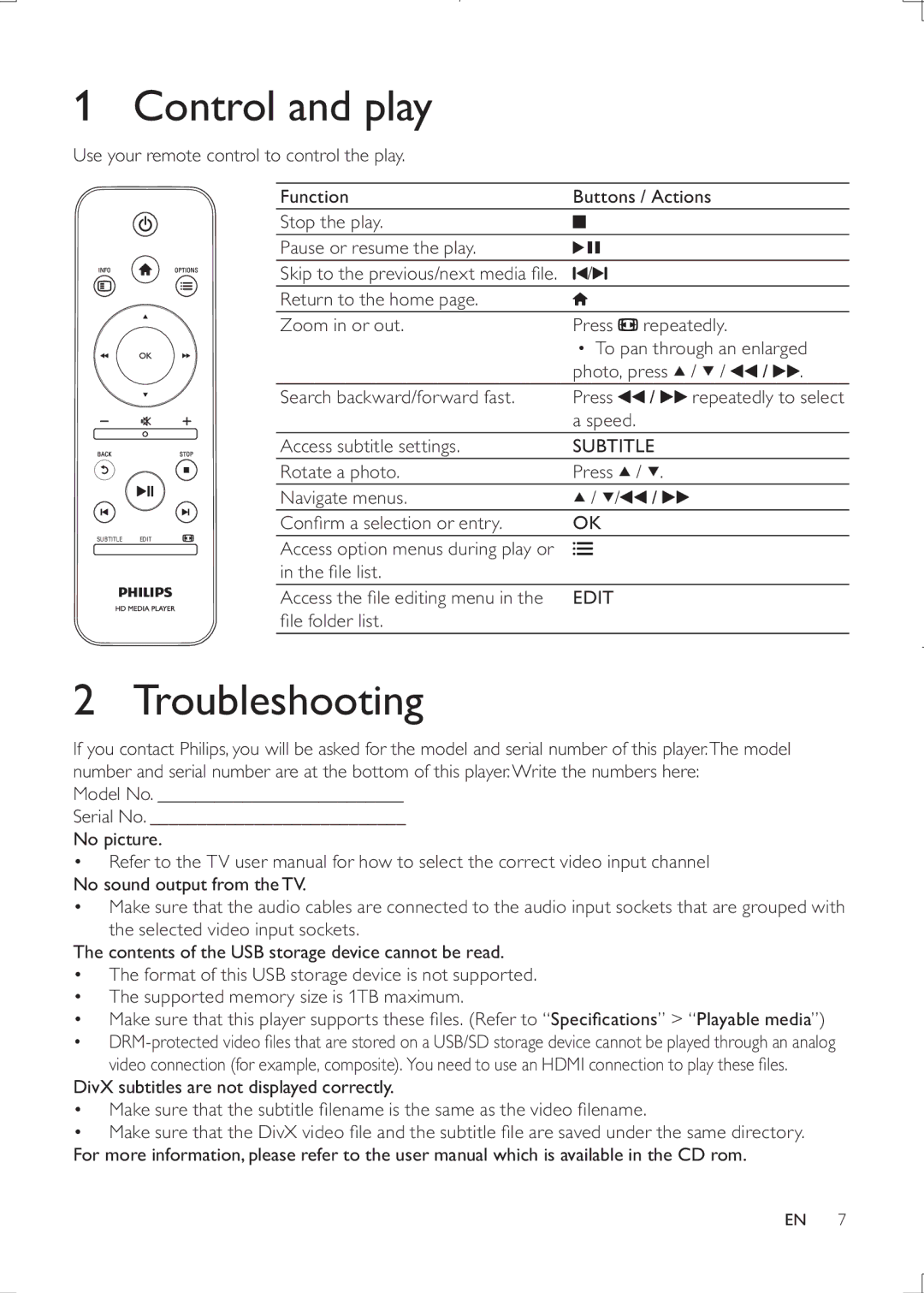 Philips HMP3000 user manual Control and play, Troubleshooting, Access subtitle settings, Le list Access the le editing menu 