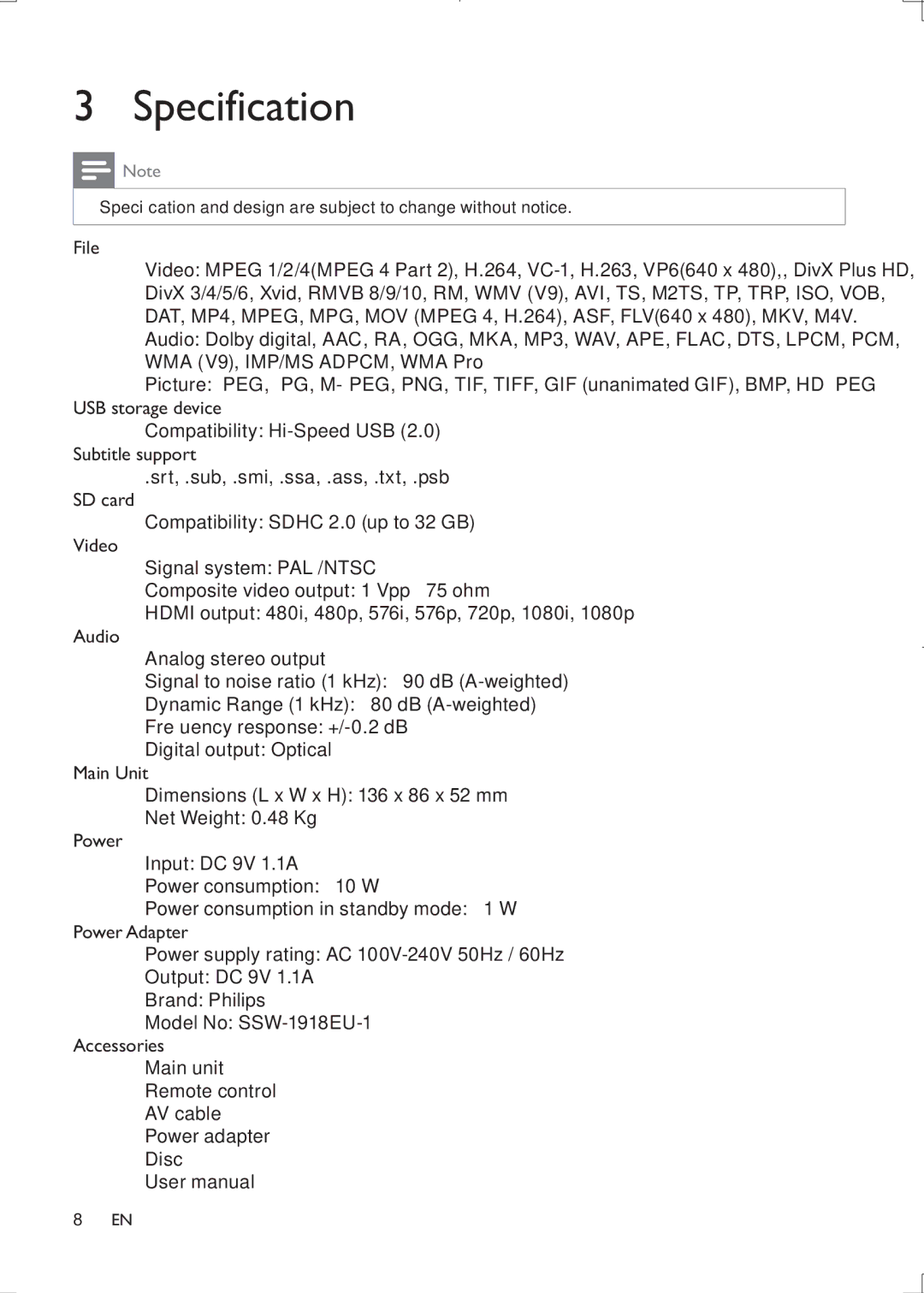 Philips HMP3000 user manual Specification, File 