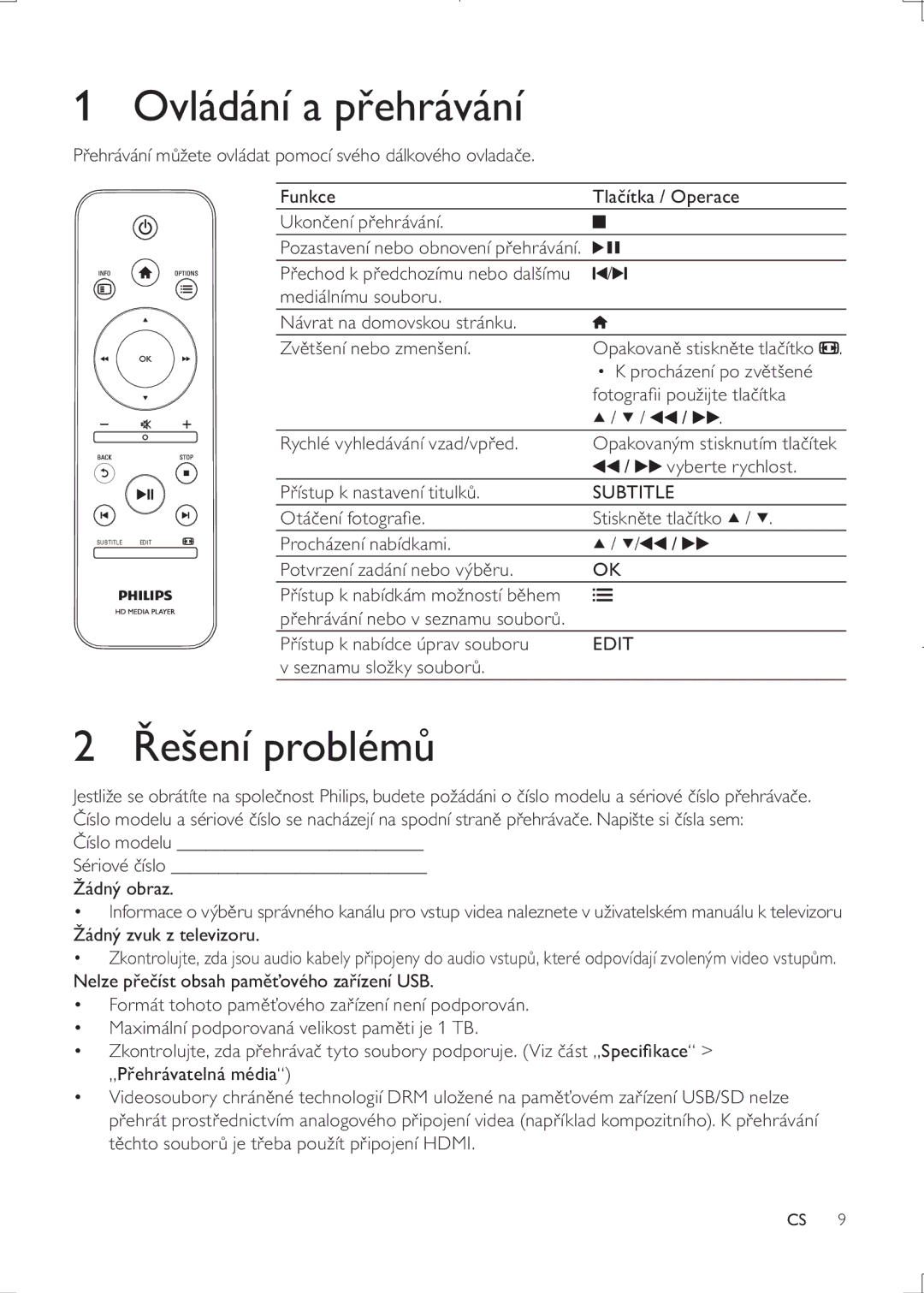 Philips HMP3000 Ovládání a p, Problém, Pvládat pomocí svého dálkového ovlada, Funkce Tlaítka / Operace Ukonení pehrávání 