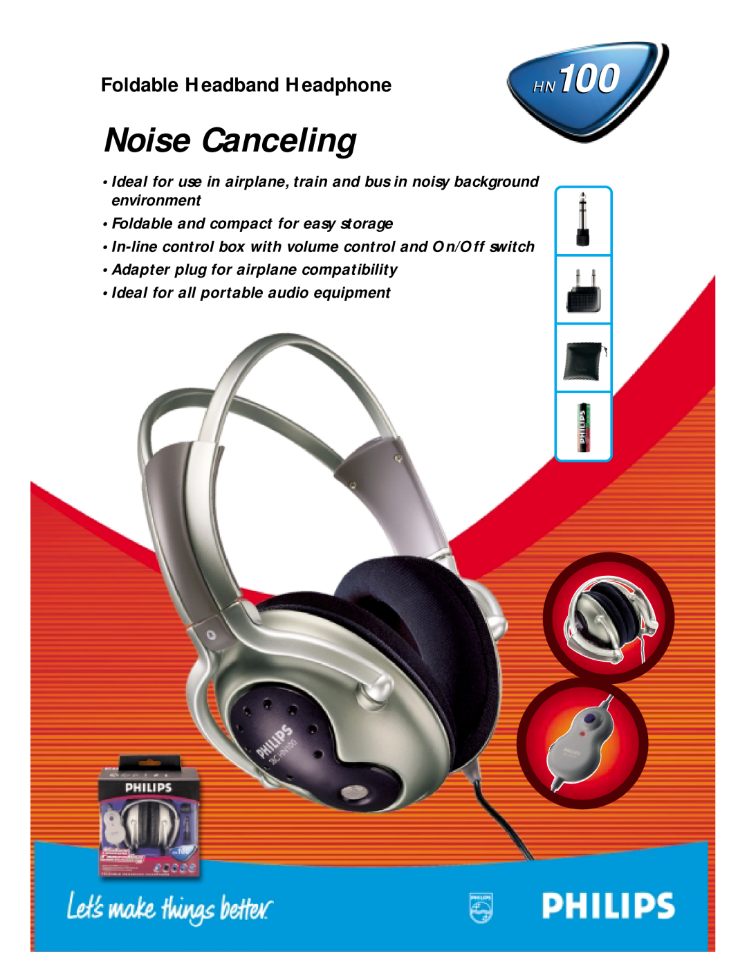Philips HN100 manual Noise Canceling, Foldable Headband Headphone, Foldable and compact for easy storage 