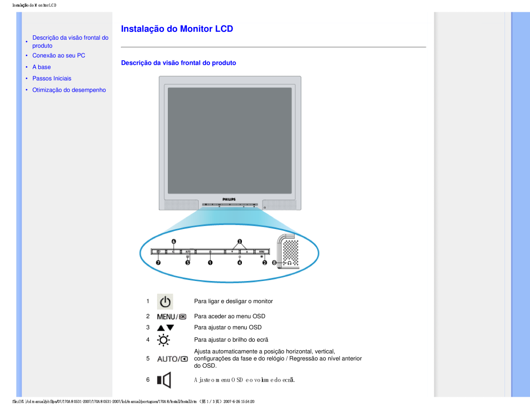 Philips HNA8170T Instalação do Monitor LCD, Descrição da visão frontal do produto, Ajuste o menu OSD e o volume do ecr ã 