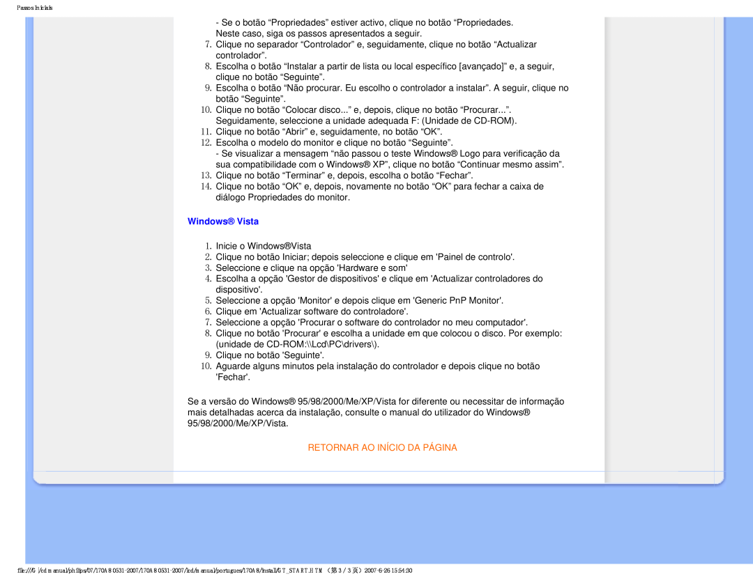Philips HNA8170T manual Windows Vista, Retornar Ao Início Da Página 