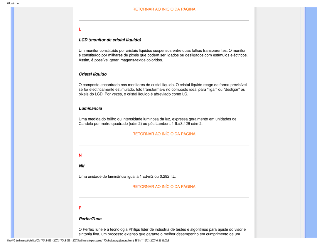 Philips HNA8170T manual LCD monitor de cristal líquido, Cristal líquido, Luminância, Nit, PerfecTune 