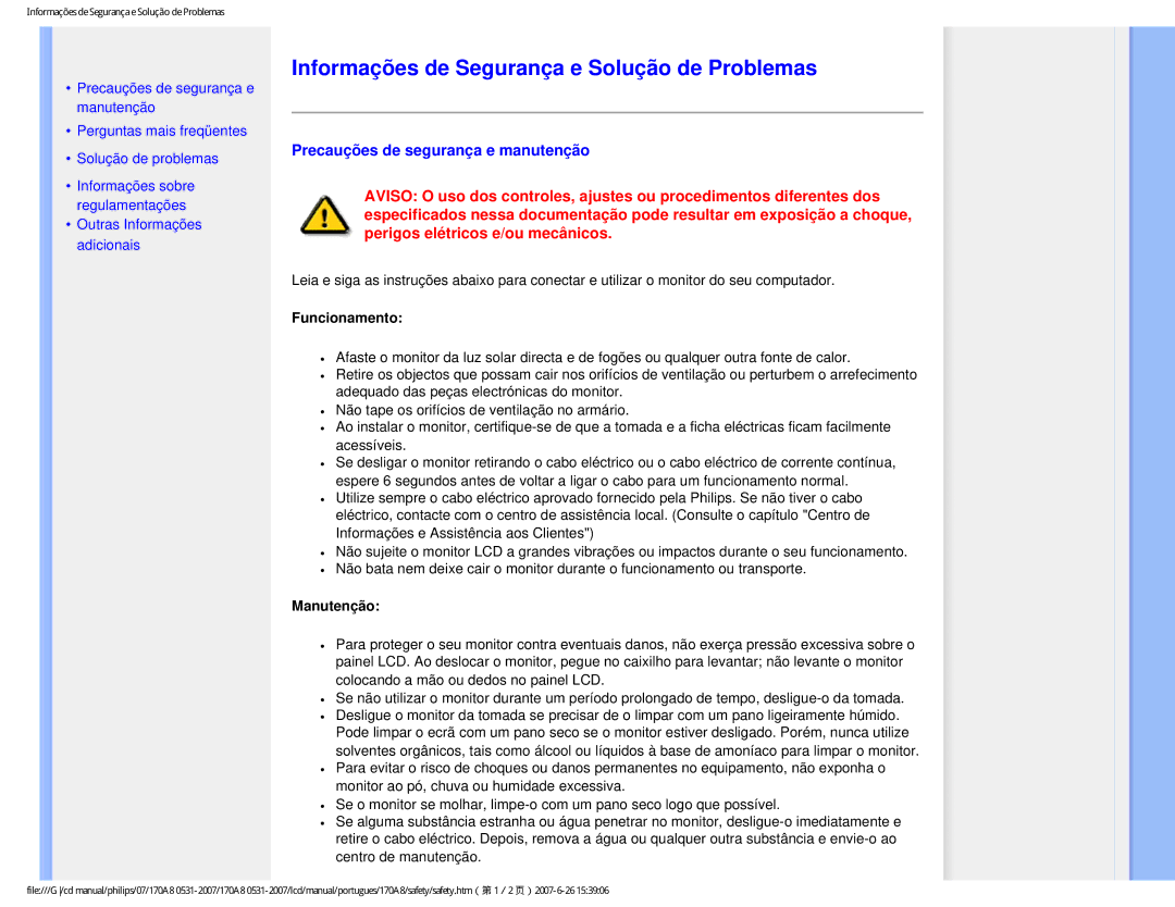 Philips HNA8170T Informações de Segurança e Solução de Problemas, Precauções de segurança e manutenção, Funcionamento 