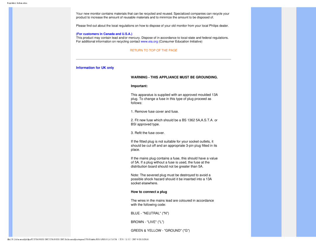 Philips HNA8170T manual Information for UK only, For customers in Canada and U.S.A 