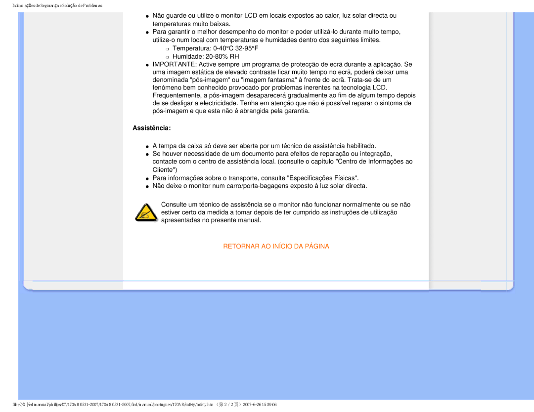 Philips HNA8170T manual Assistência, Retornar AO Início DA Página 
