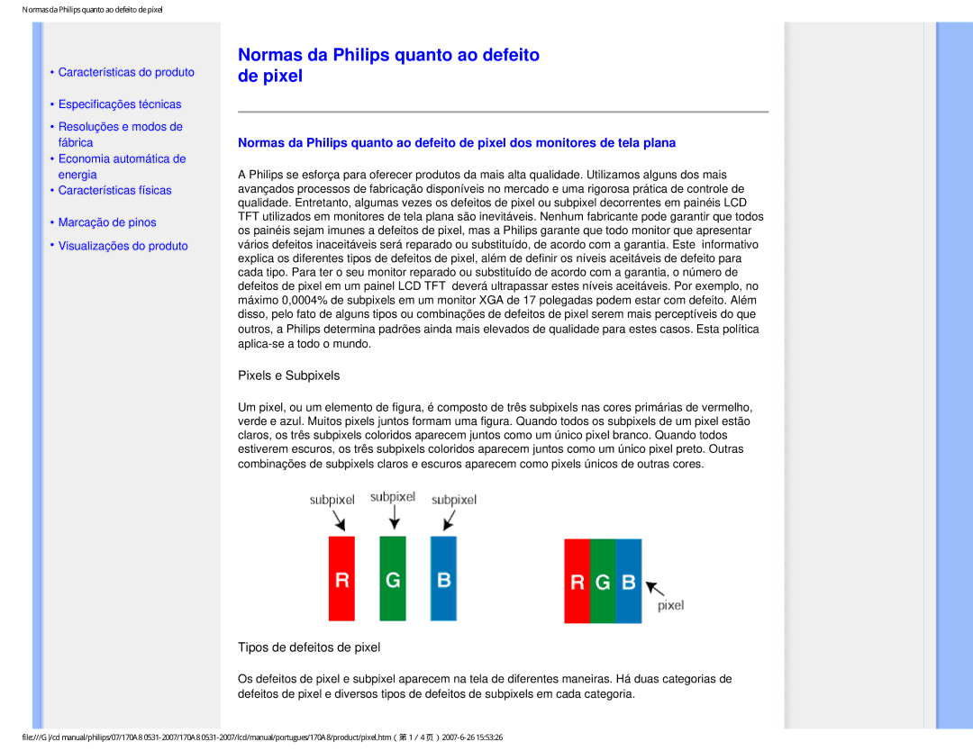 Philips HNA8170T manual Normas da Philips quanto ao defeito de pixel, Pixels e Subpixels 