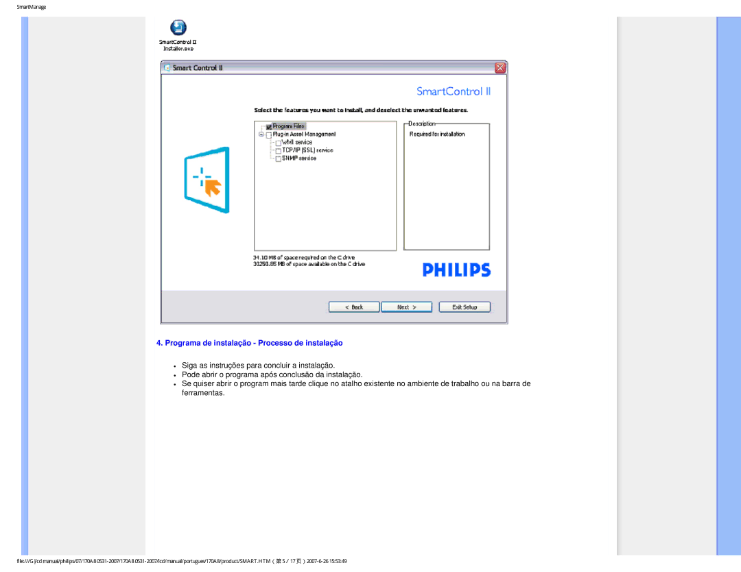 Philips HNA8170T manual Programa de instalação Processo de instalação 