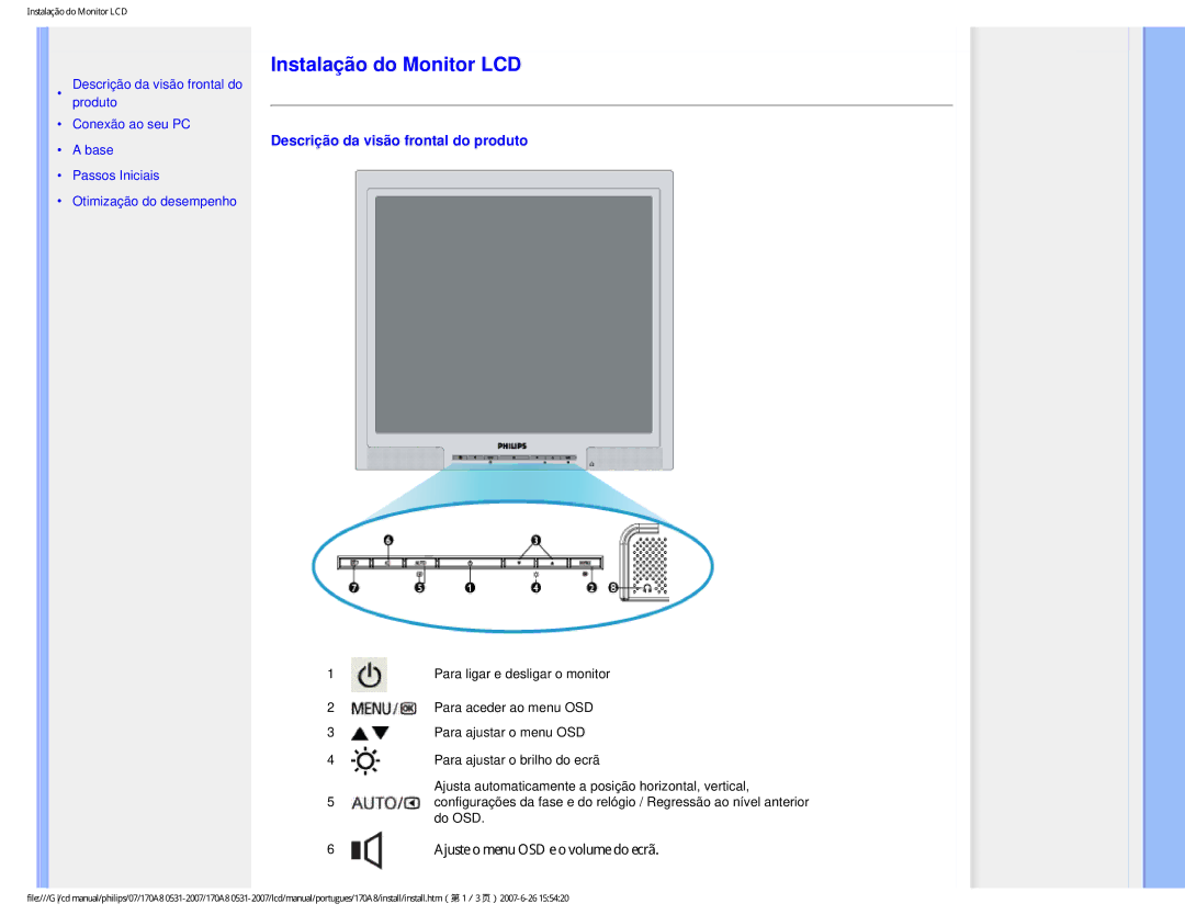 Philips HNA8170T manual Instalação do Monitor LCD, Descrição da visão frontal do produto 