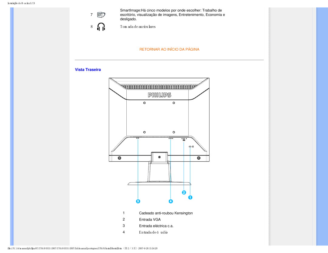 Philips HNA8170T manual Vista Traseira, Entrada de áudio 