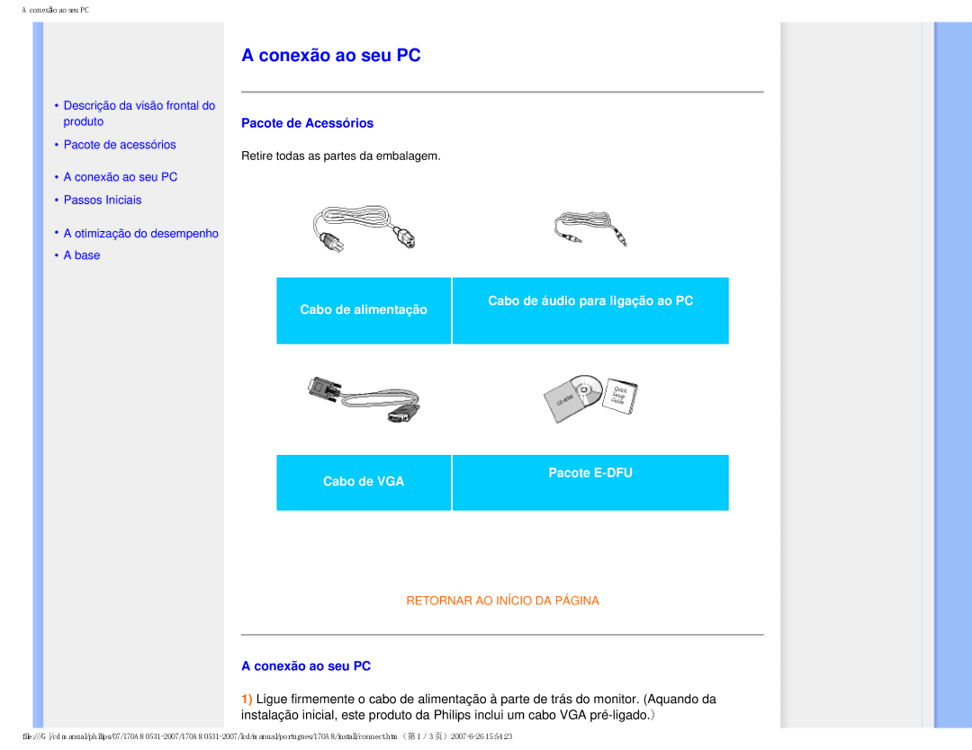 Philips HNA8170T manual Conexão ao seu PC, Pacote de Acessórios 