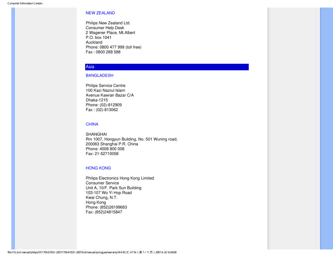 Philips HNA8170T manual NEW Zealand, Bangladesh, China, Hong Kong 