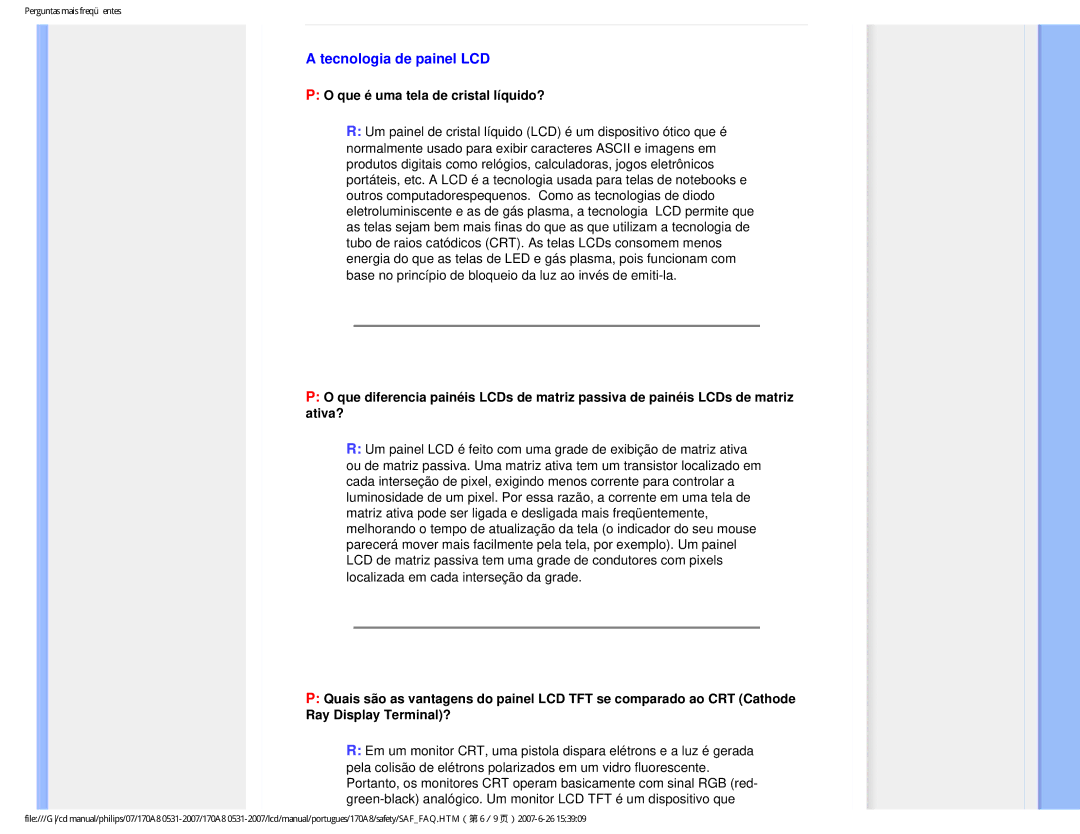 Philips HNA8170T manual Tecnologia de painel LCD, Que é uma tela de cristal líquido? 