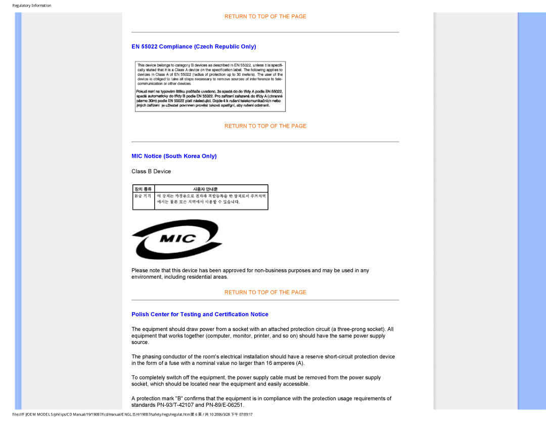 Philips HNB7190T user manual EN 55022 Compliance Czech Republic Only, MIC Notice South Korea Only 