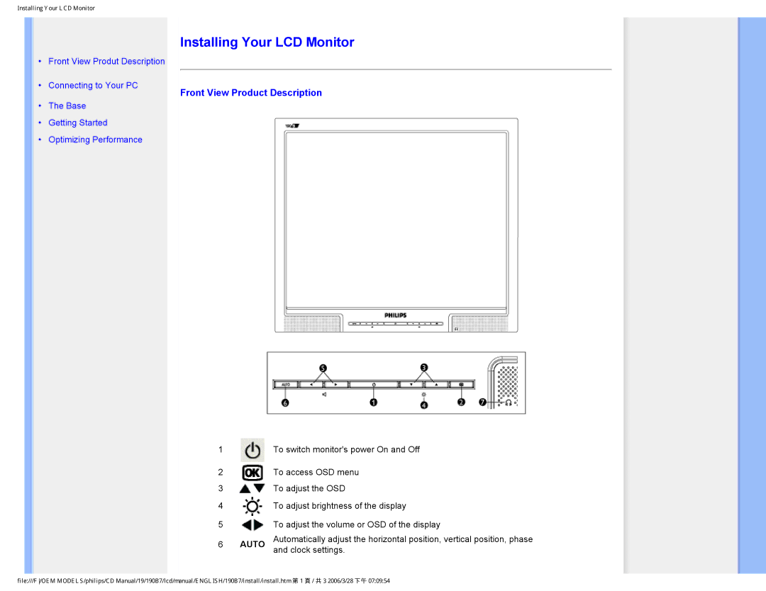 Philips HNB7190T user manual Installing Your LCD Monitor, Front View Product Description 