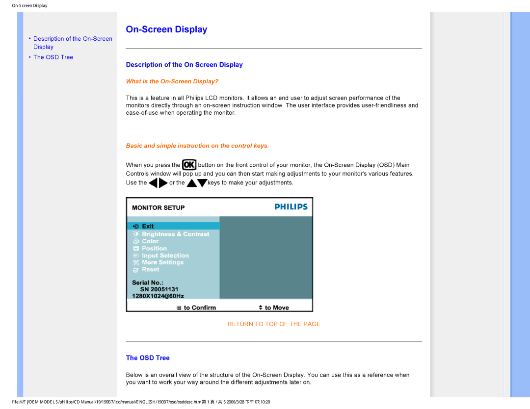 Philips HNB7190T user manual Description of the On Screen Display, OSD Tree 