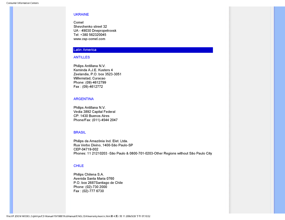 Philips HNB7190T user manual Ukraine, Antilles, Argentina, Brasil, Chile 