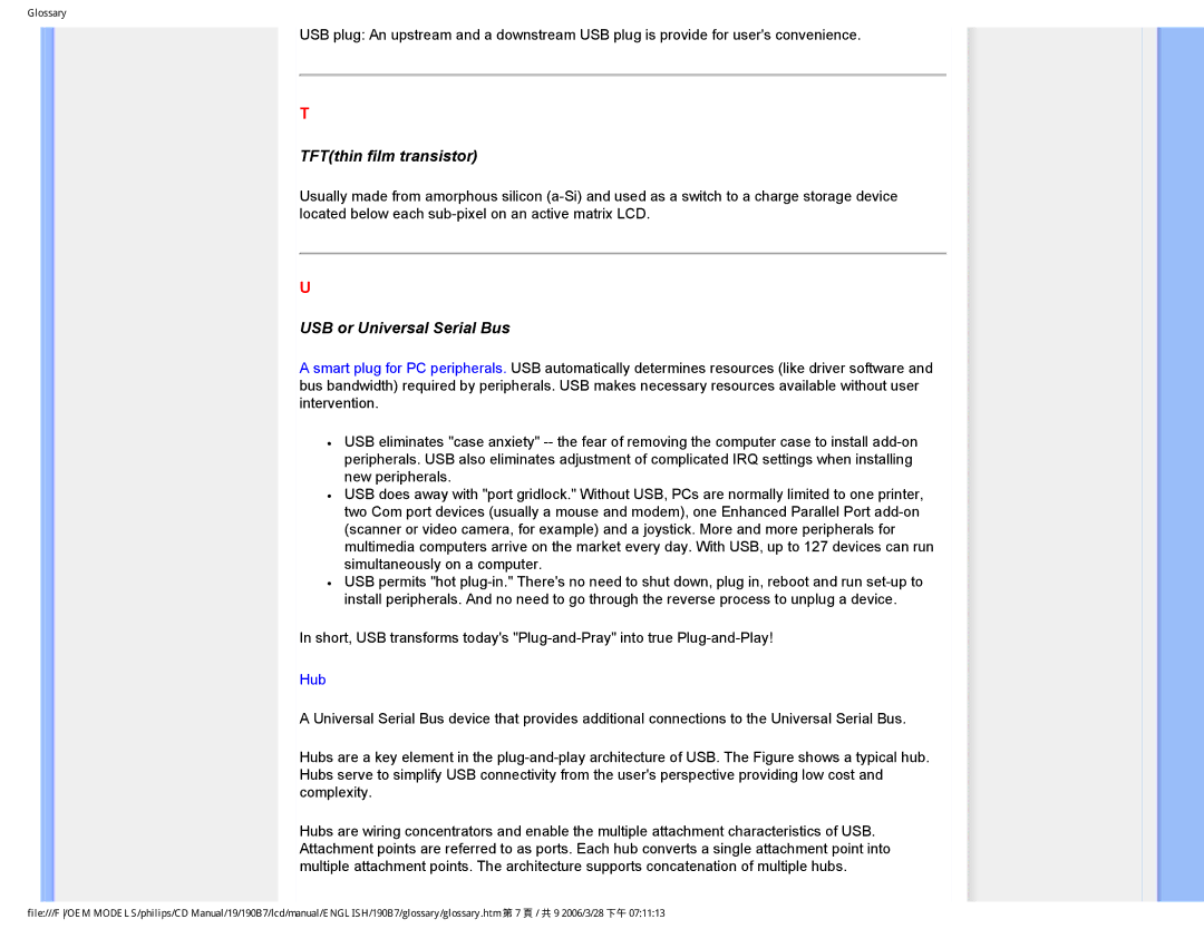 Philips HNB7190T user manual TFTthin film transistor, USB or Universal Serial Bus 