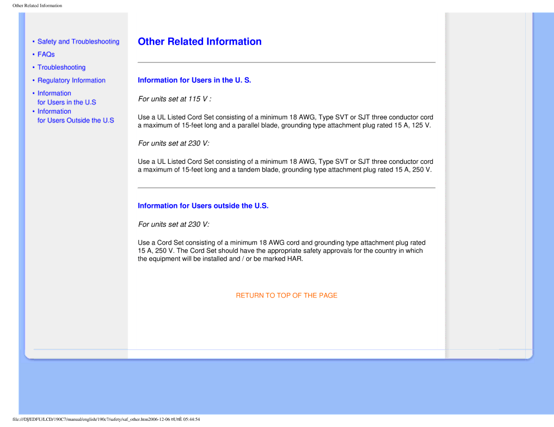 Philips HNC7190T Other Related Information, Information for Users in the U. S, Information for Users outside the U.S 