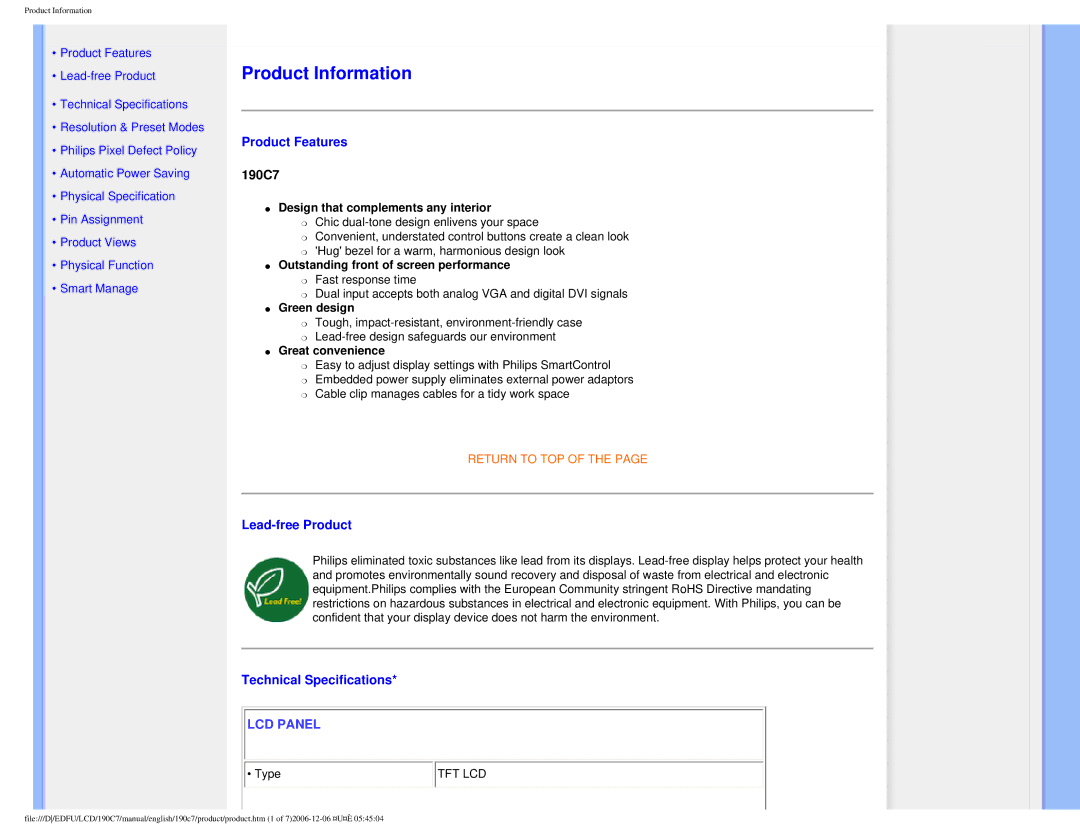 Philips HNC7190T user manual Product Features, 190C7, Lead-free Product, Technical Specifications 