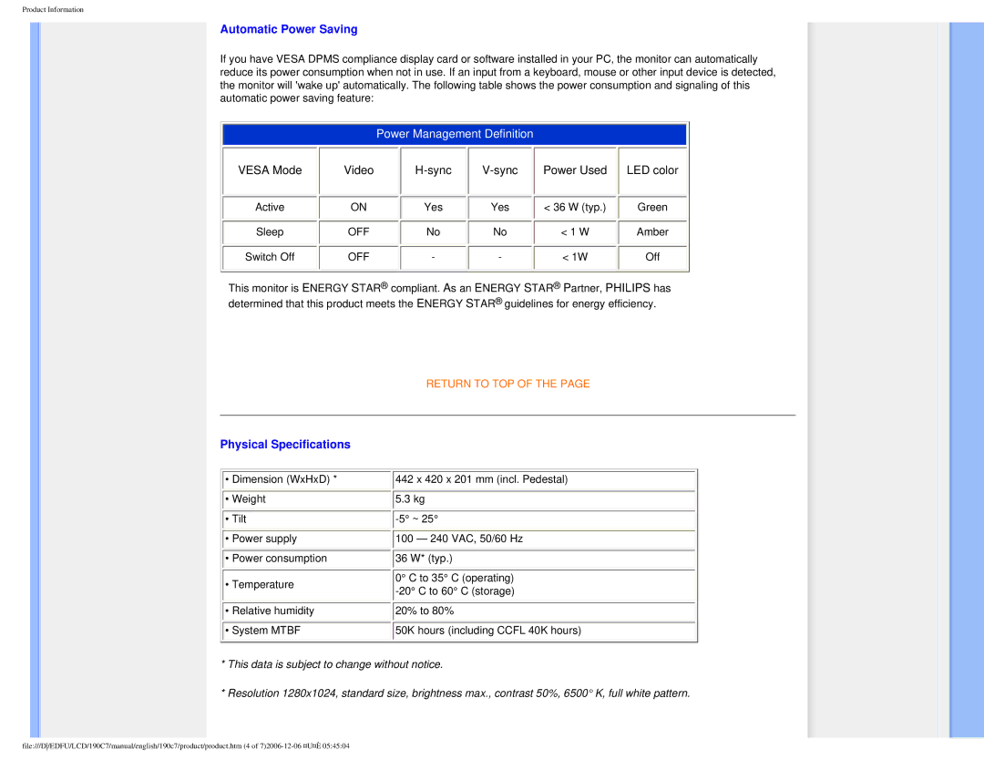 Philips HNC7190T user manual Automatic Power Saving, Physical Specifications 